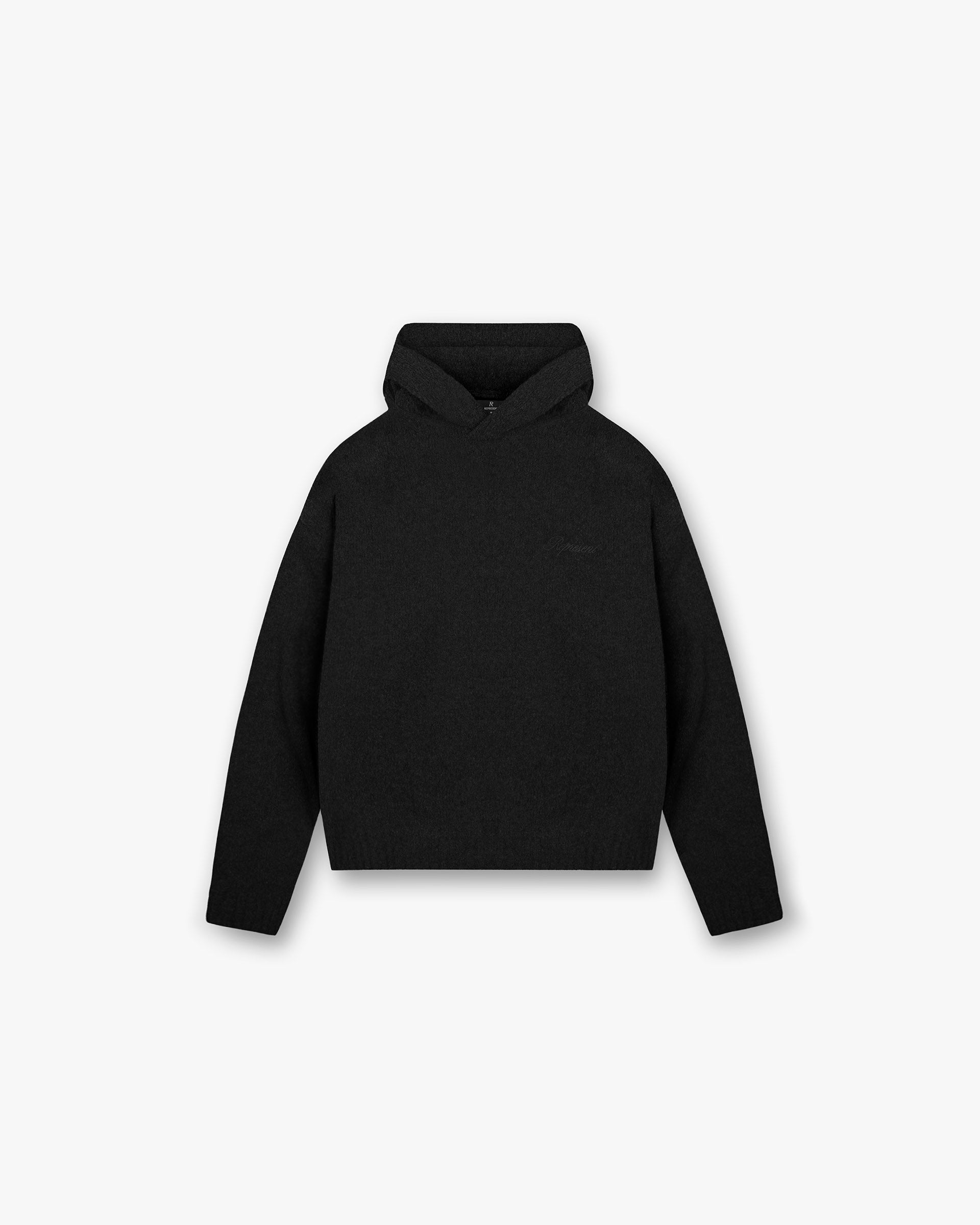 Front product image of a mens black hoodie on a plain white background | Heavy Boucle Hoodie in Jet Black | Heavy knit hoodie with boucle texture | FW24 Knitwear | Represent Clo