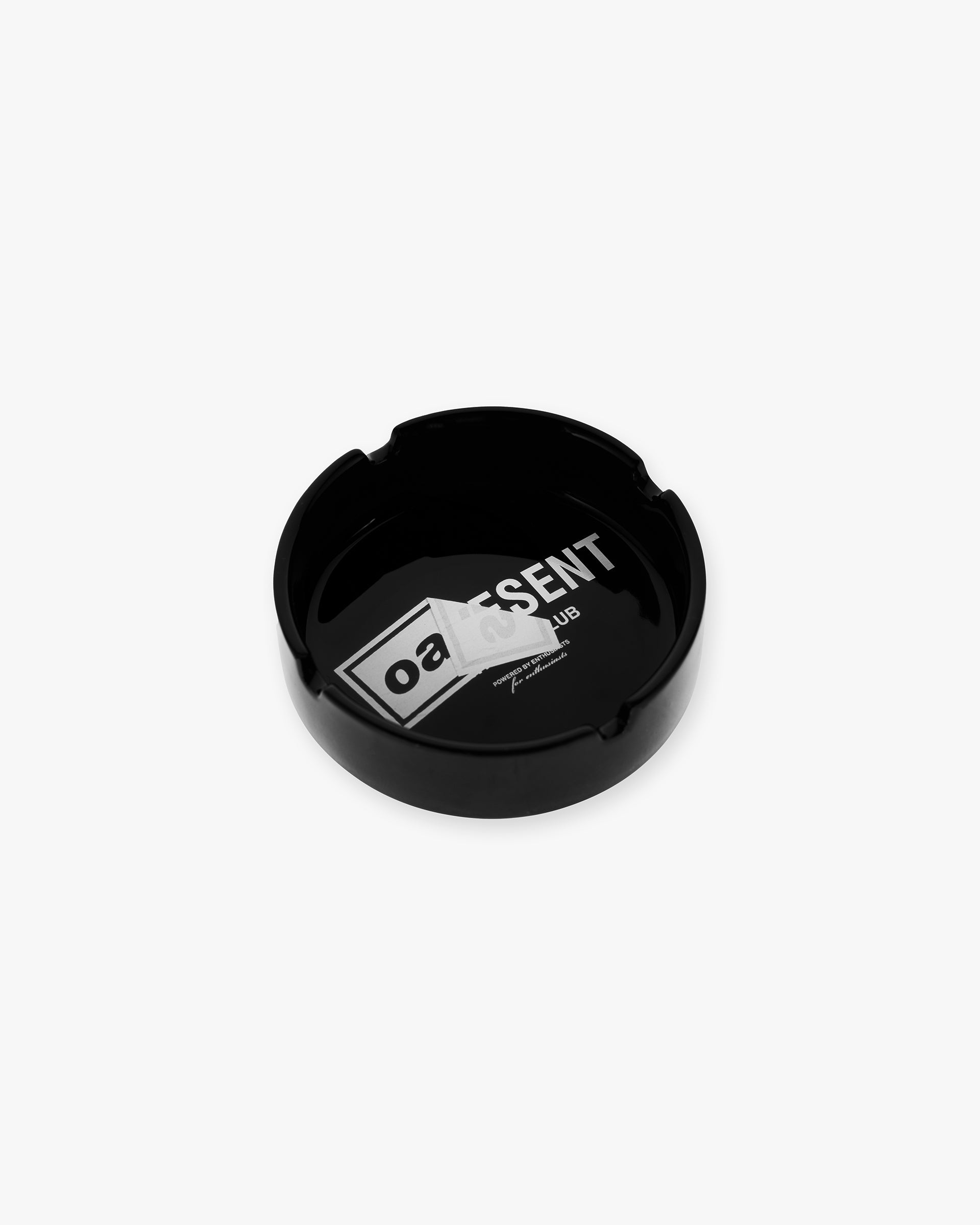 Back product image of a mens black ashtray on a plain white background | Represent X Oasis Ashtray in Black | Ashtray with Oasis fly postered artwork and Owners’ Club branding | FW24 Accessories | Represent Clo