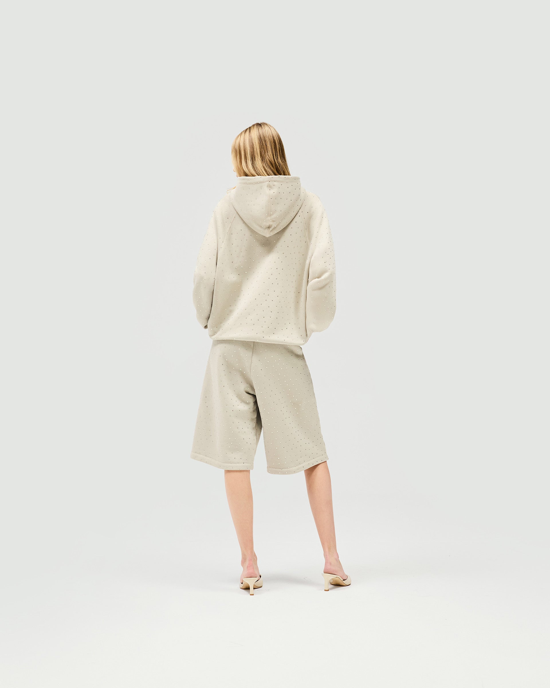 Back product image of womens grey leather shorts on a plain white background | Spark Shorts in Storm | Bermuda shorts with elasticated waistband | SS25 Shorts | Represent Clo