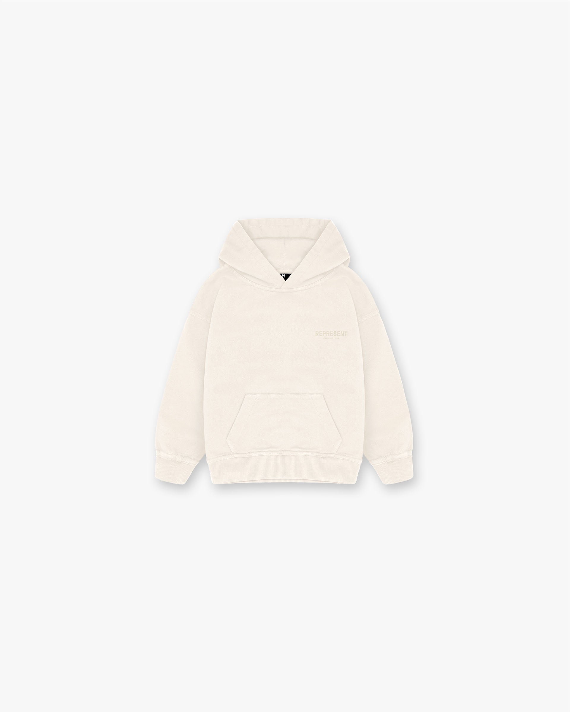 Front product image of a childs hoodie in buttercream on a plain white background | Represent Mini Owners Club Hoodie in Buttercream | Cotton hoodie with distressed applique Rep logo | Mini Owners Club Hoodies | Represent Clo