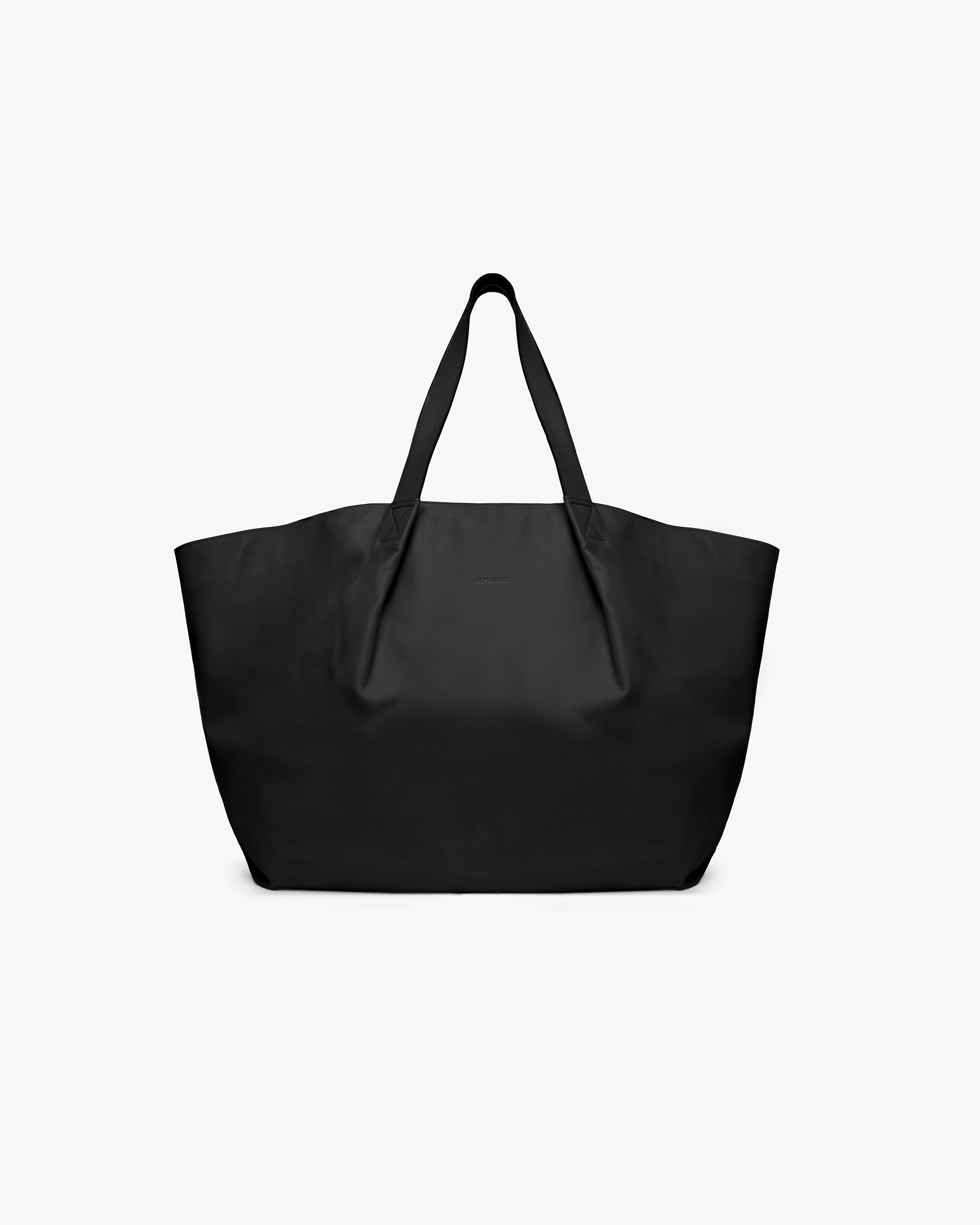 Front product image of a womens black tote on a plain white background | Leather Pleat Large Tote in Jet Black | Large pleated tote bag with spacious interior | Womens SS25 Accessories | Represent Clo