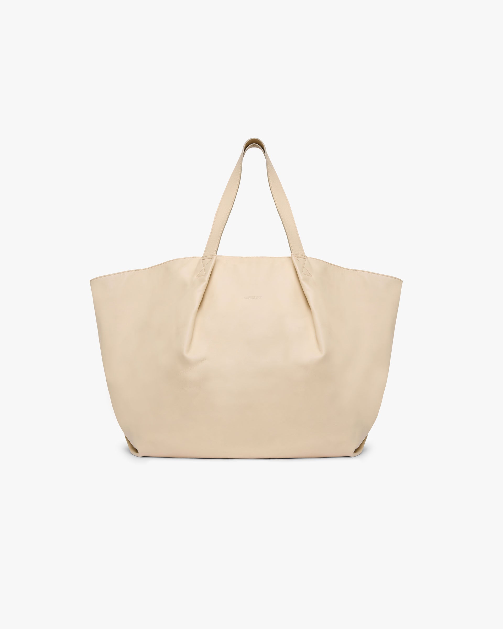 Front product image of a womens taupe leather tote on a plain white background | Leather Pleat Large Tote in Taupe | Large tote with pleat details | Womens SS25 Accessories | Represent Clo