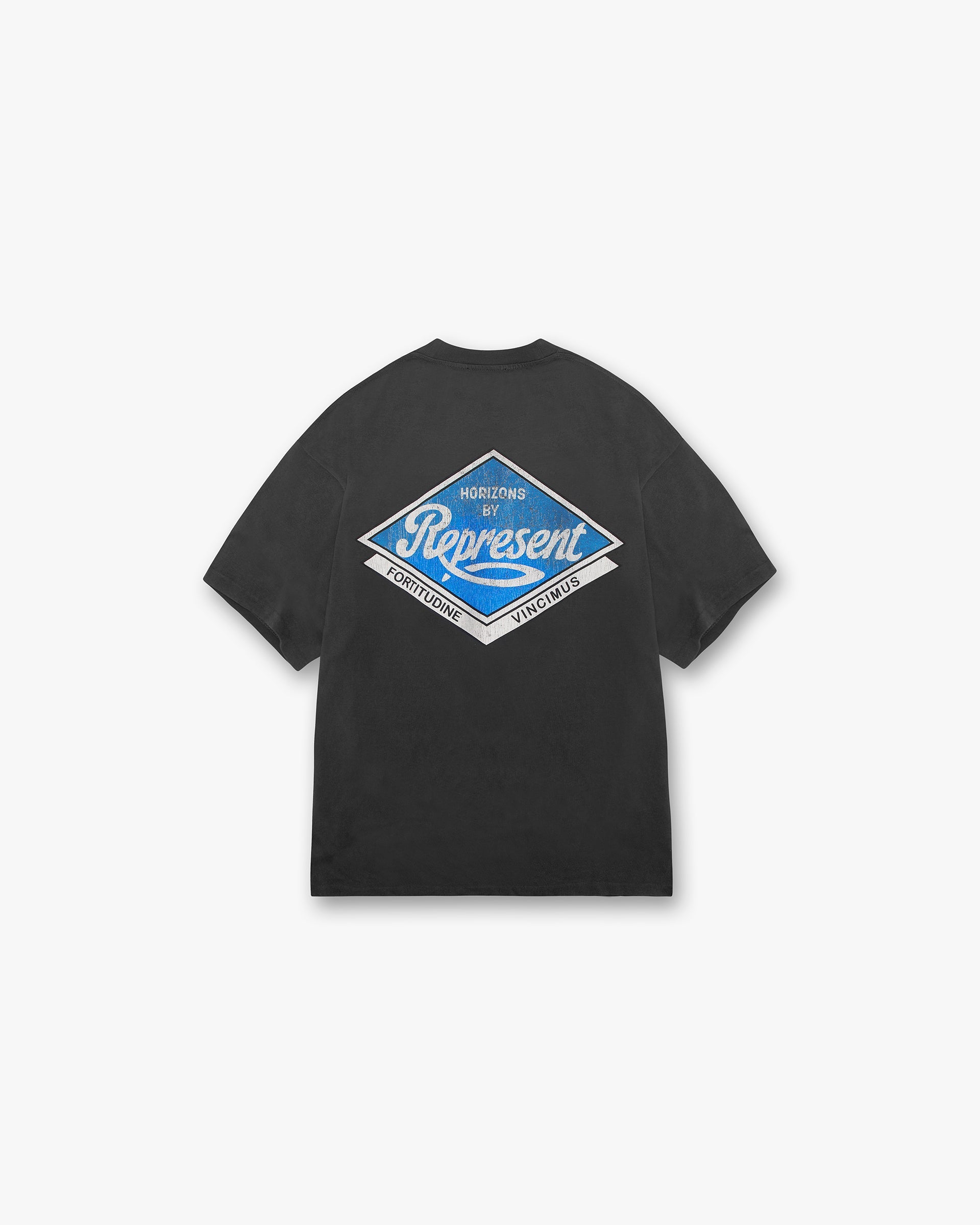 Back product image of a mens black t-shirt on a plain white background | Classic Parts T-Shirt in Aged Black | Oversized t-shirt with Horizons motoring graphic | SS24 T-Shirts | Represent Clo