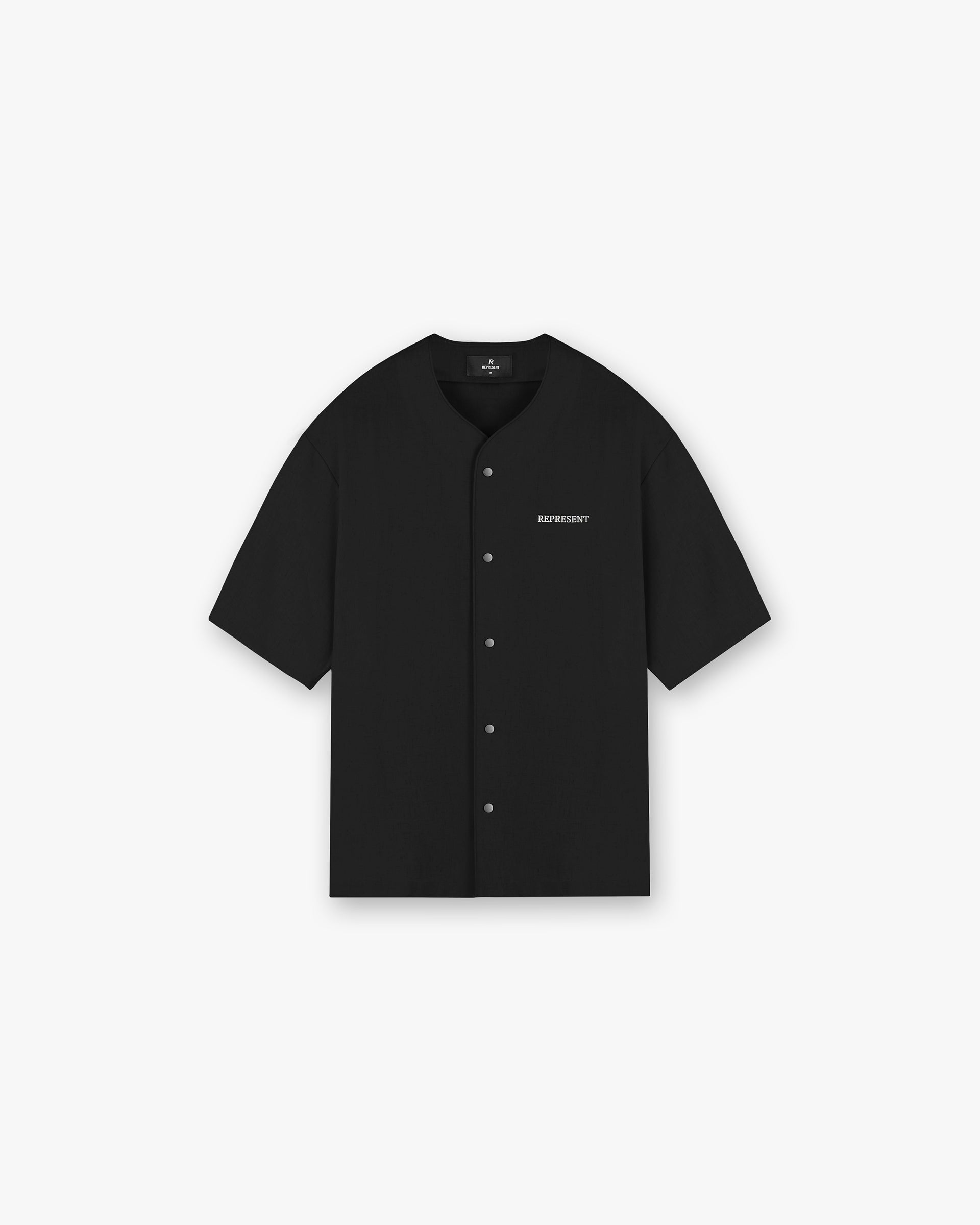 Front product image of a childs black shirt on a plain white background | Baseball Shirt in Black | Kids shirt with distressed applique logo | FW24 Other Shirts | Represent Clo