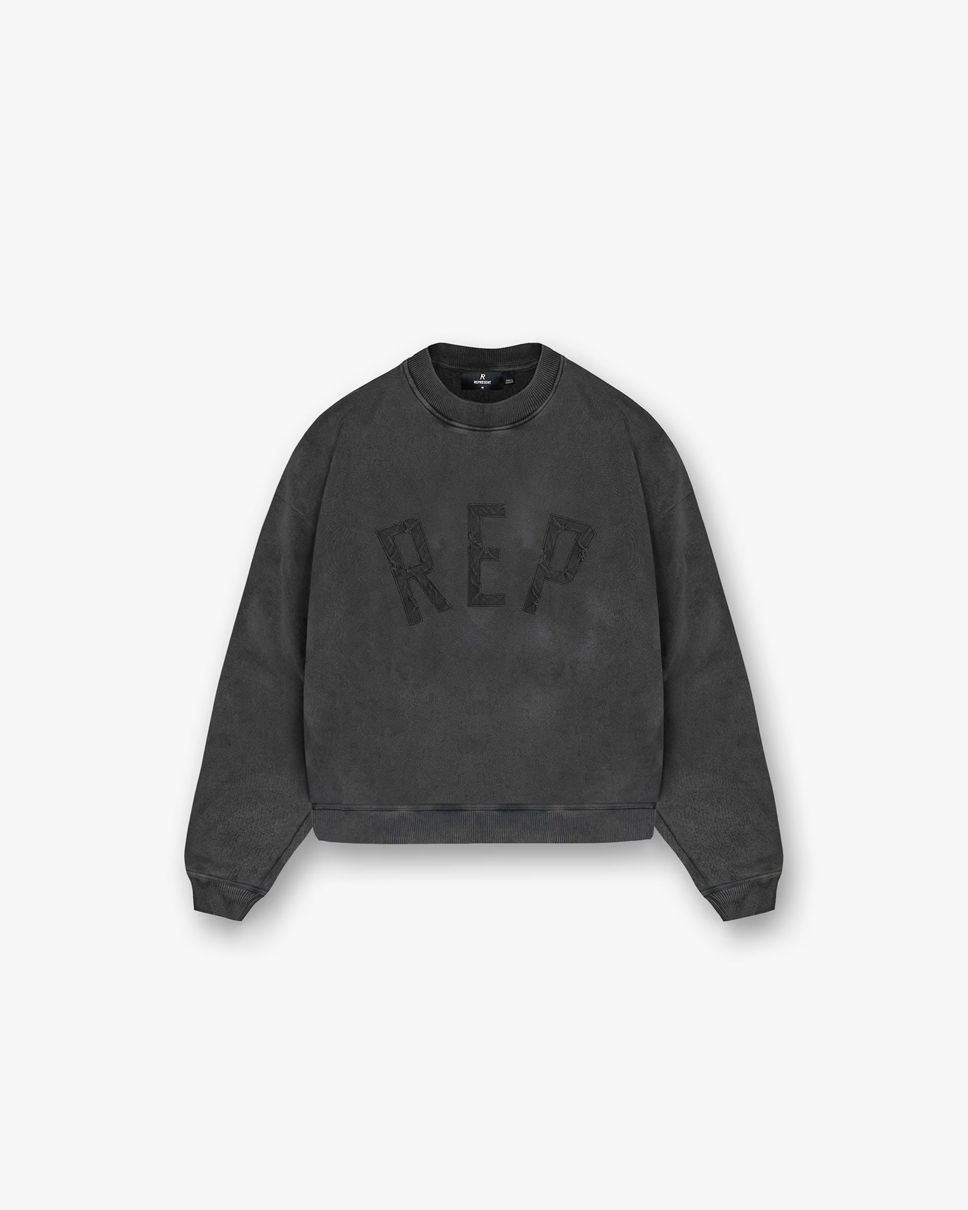 Front product image of a mens black sweater on a plain white background | Rep Applique Sweater in Vintage Black | Sweater with applique detailing | FW24 Sweaters | Represent Clo
