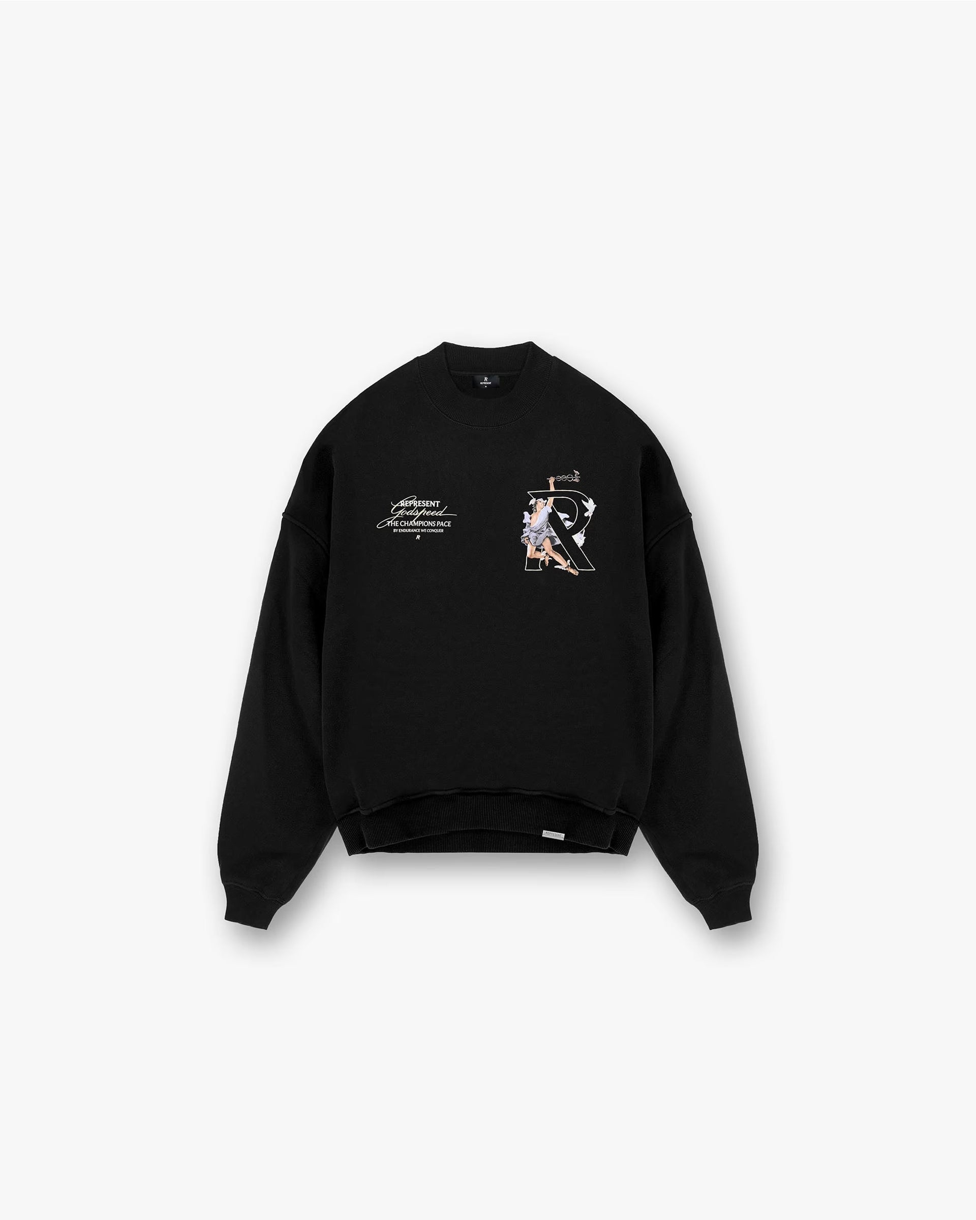 Front product image of a mens black sweater on a plain white background | Hermes Sweater in Jet Black | Oversized sweater with high density print and double front zip closure | FW24 Sweaters | Represent Clo