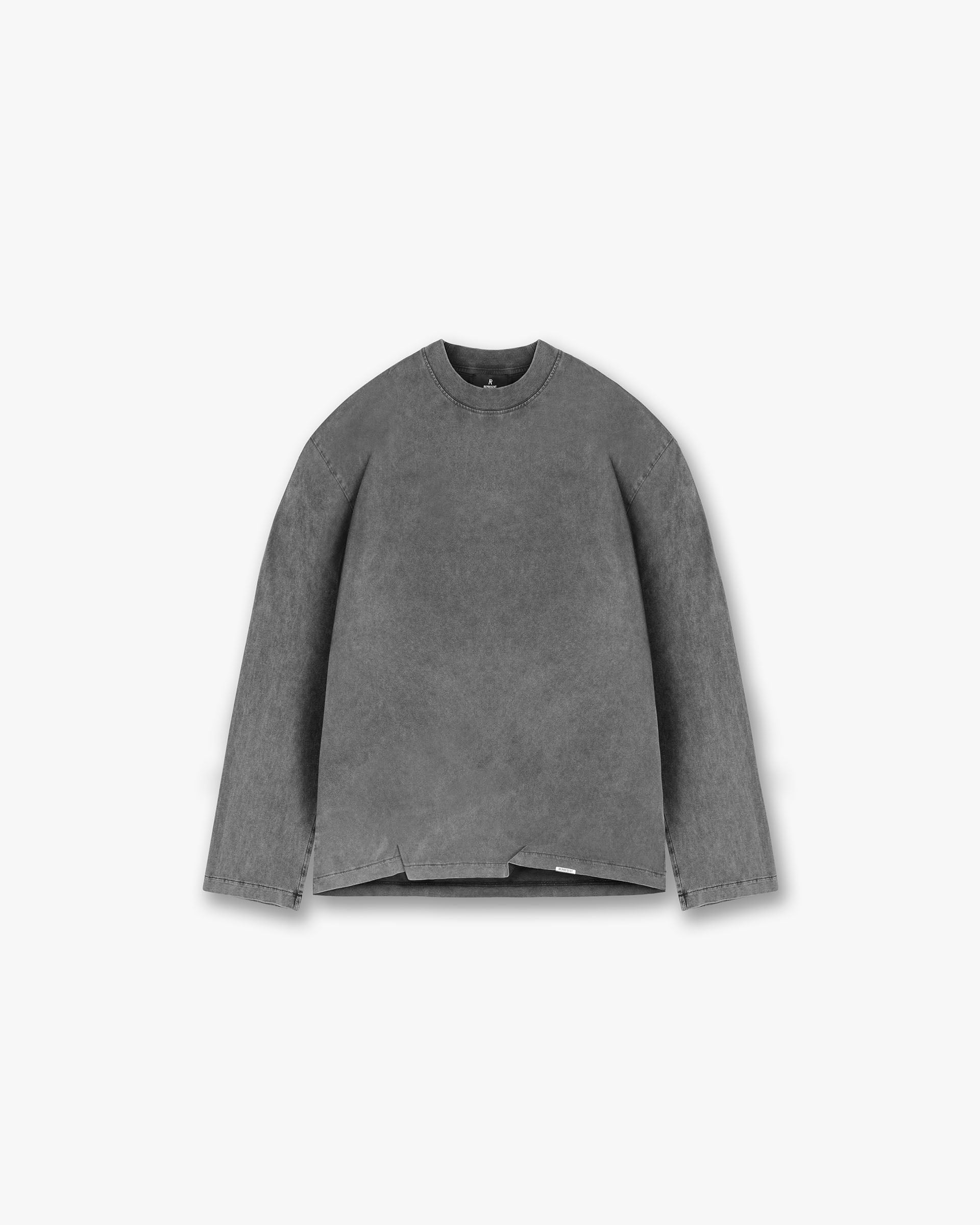Front product image of a mens grey long sleeve t-shirt on a plain white background | Initial Long Sleeve Open Cuff T-Shirt in Vintage Grey | Long sleeve t-shirt with open cuffs | Initial T-Shirts | Represent Clo