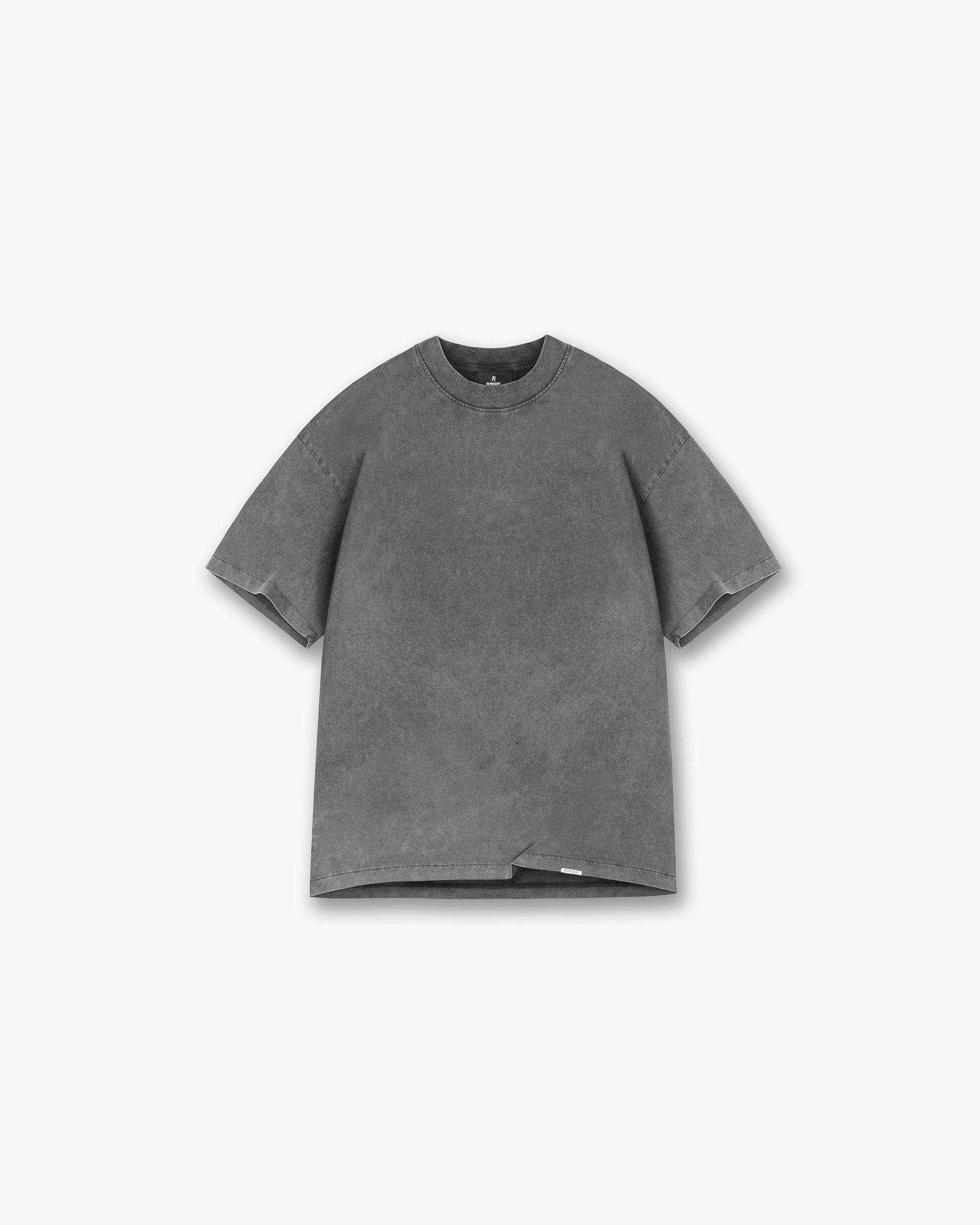 Front product image of a mens grey t-shirt on a plain white background | Initial Oversized T-Shirt in Vintage Grey | Oversized t-shirt with a branded waistband | Initial T-Shirts | Represent Clo
