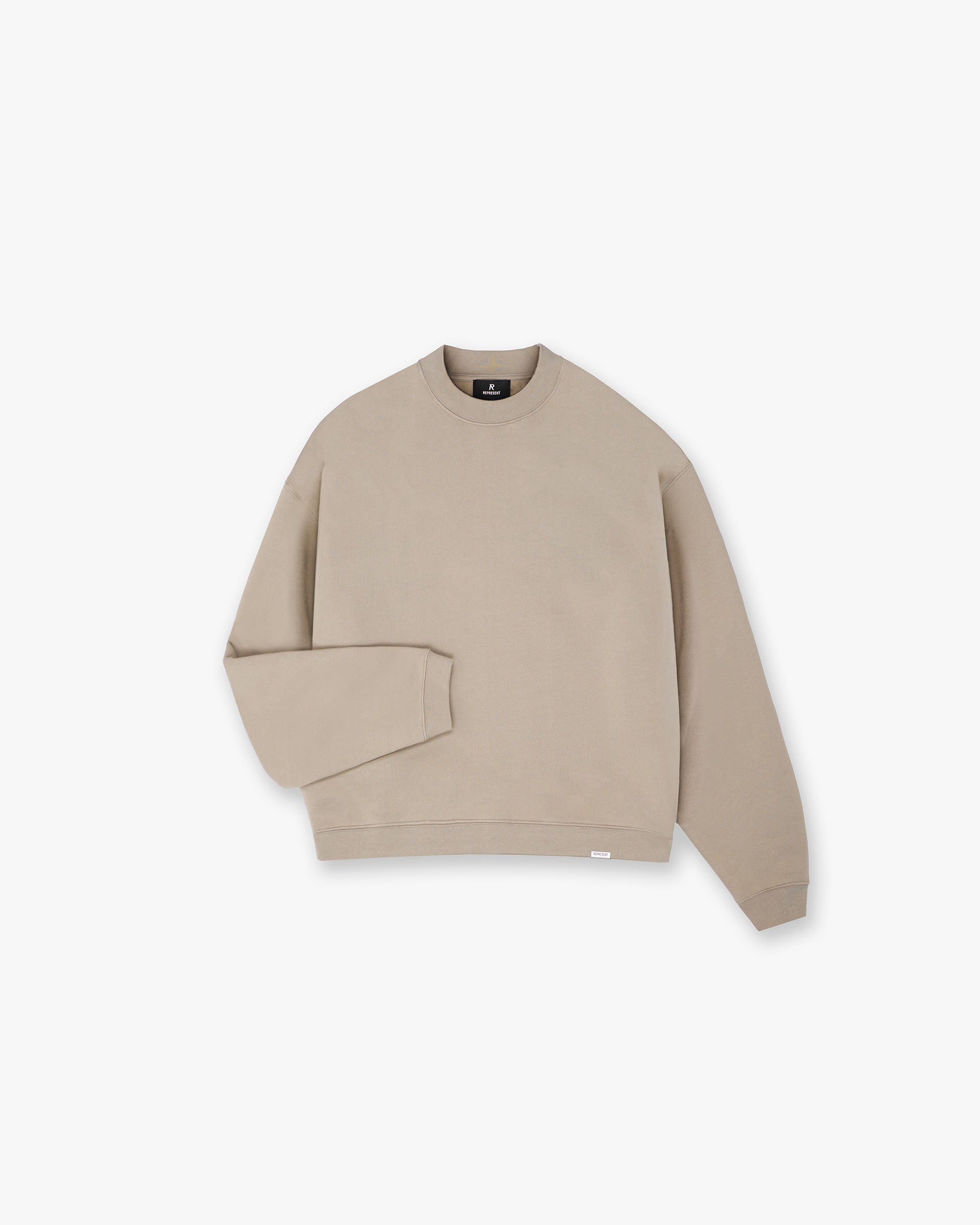 Front product image of a mens beige sweater on a plain white background | Initial Boxy Sweater in Dune | Boxy fit sweater | Initial Sweaters | Represent Clo