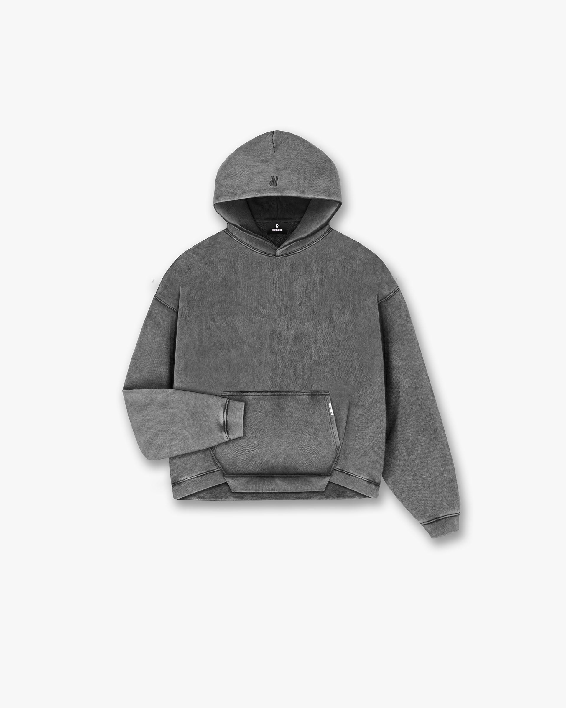 Front product image of a mens grey hoodie on a plain white background | Initial Boxy Hoodie in Vintage Grey | Boxy fit hoodie with elasticated cuffs | Initial Hoodies | Represent Clo
