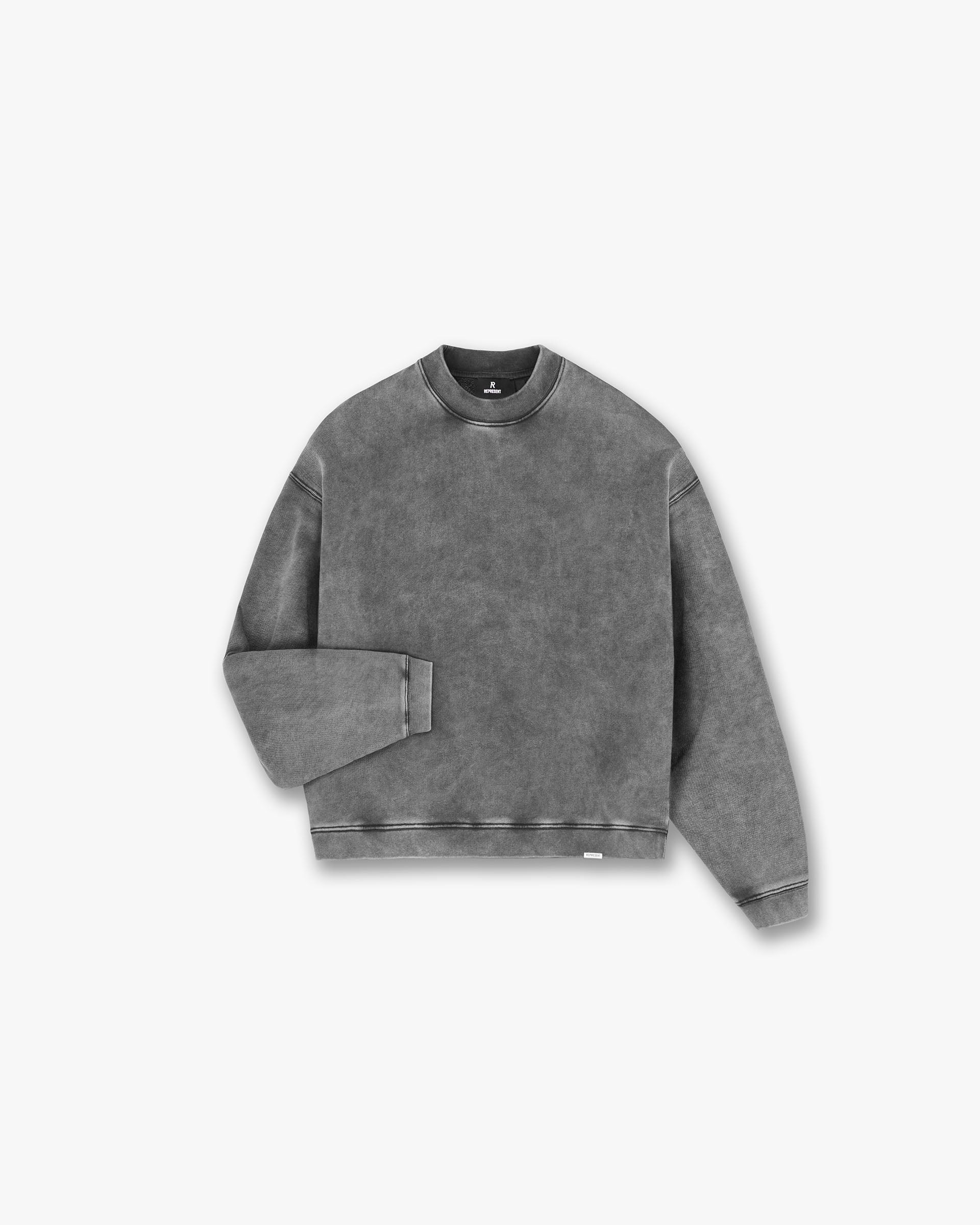 Front product image of a mens grey sweater on a plain white background | Initial Boxy Sweater in Vintage Grey | Heavyweight boxy fit sweater | Initial Sweaters | Represent Clo