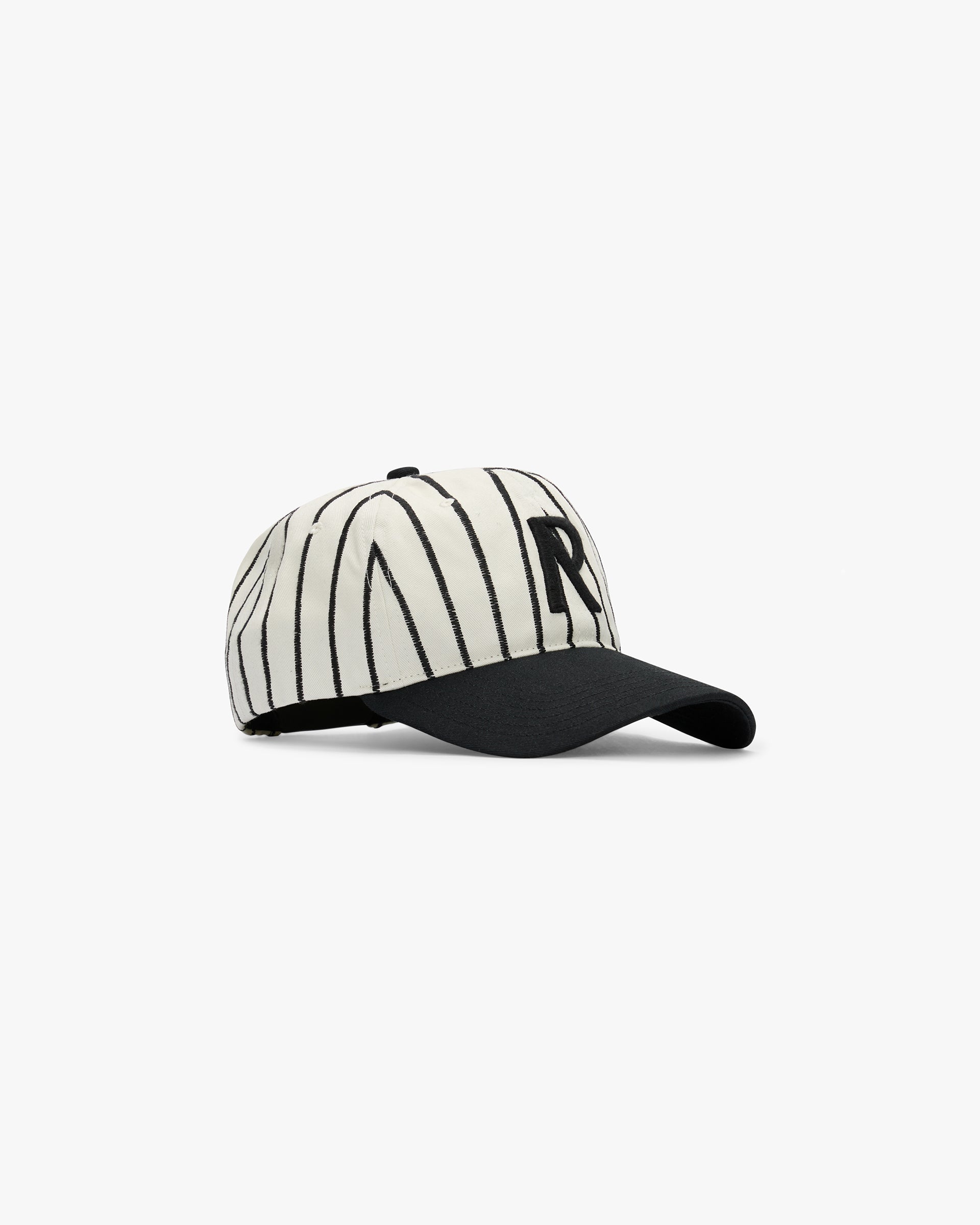 Front product image of a mens white cap on a plain white background | Initial Stripe Cap in Antique White | Cap featuring initial logo stripe detailing | SS25 Accessories | Represent Clo