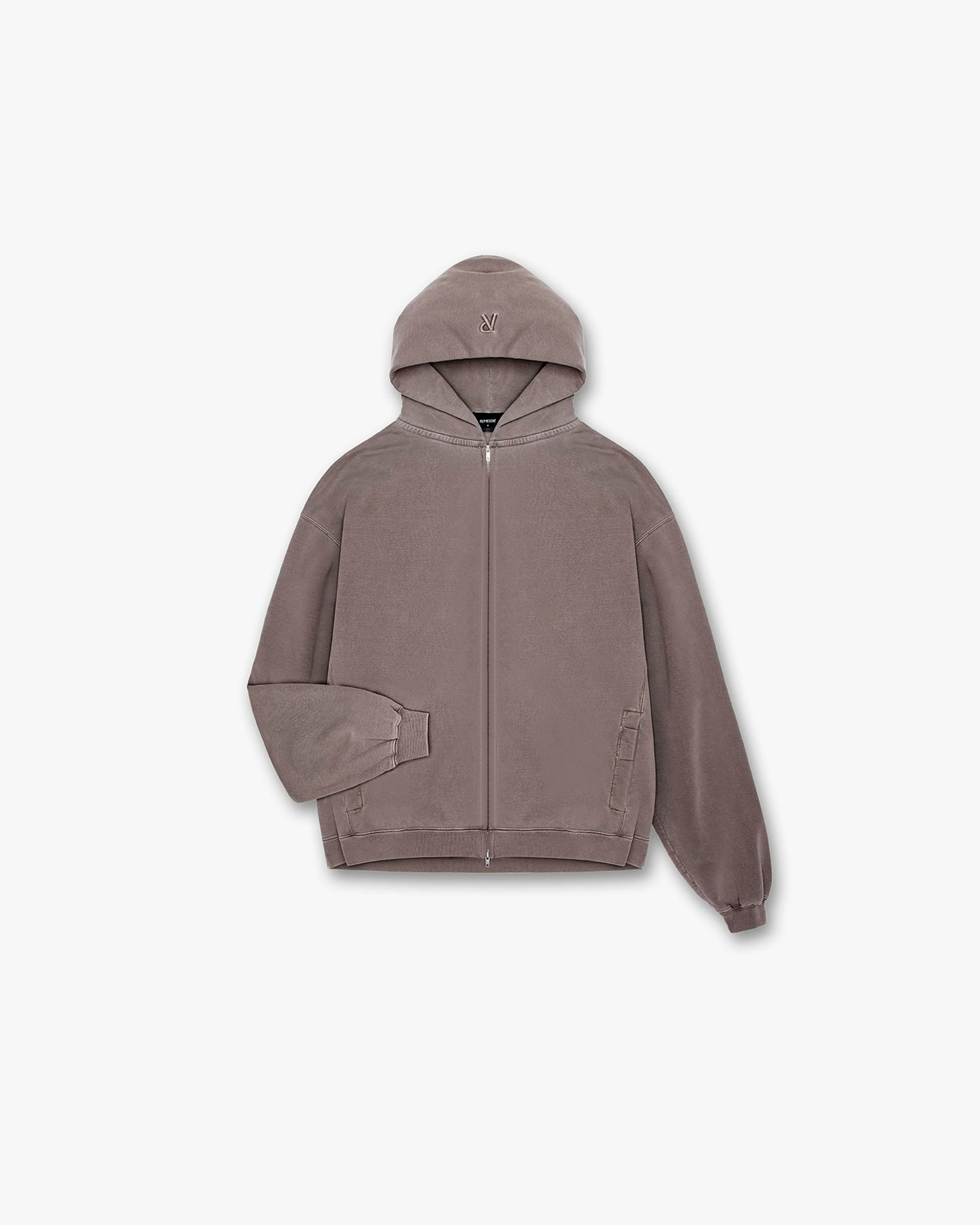 Front product image of a mens grey hoodie on a plain white background | Initial Zip Hoodie in Fog | Zip hoodie with classic fit | Initial Hoodies | Represent Clo