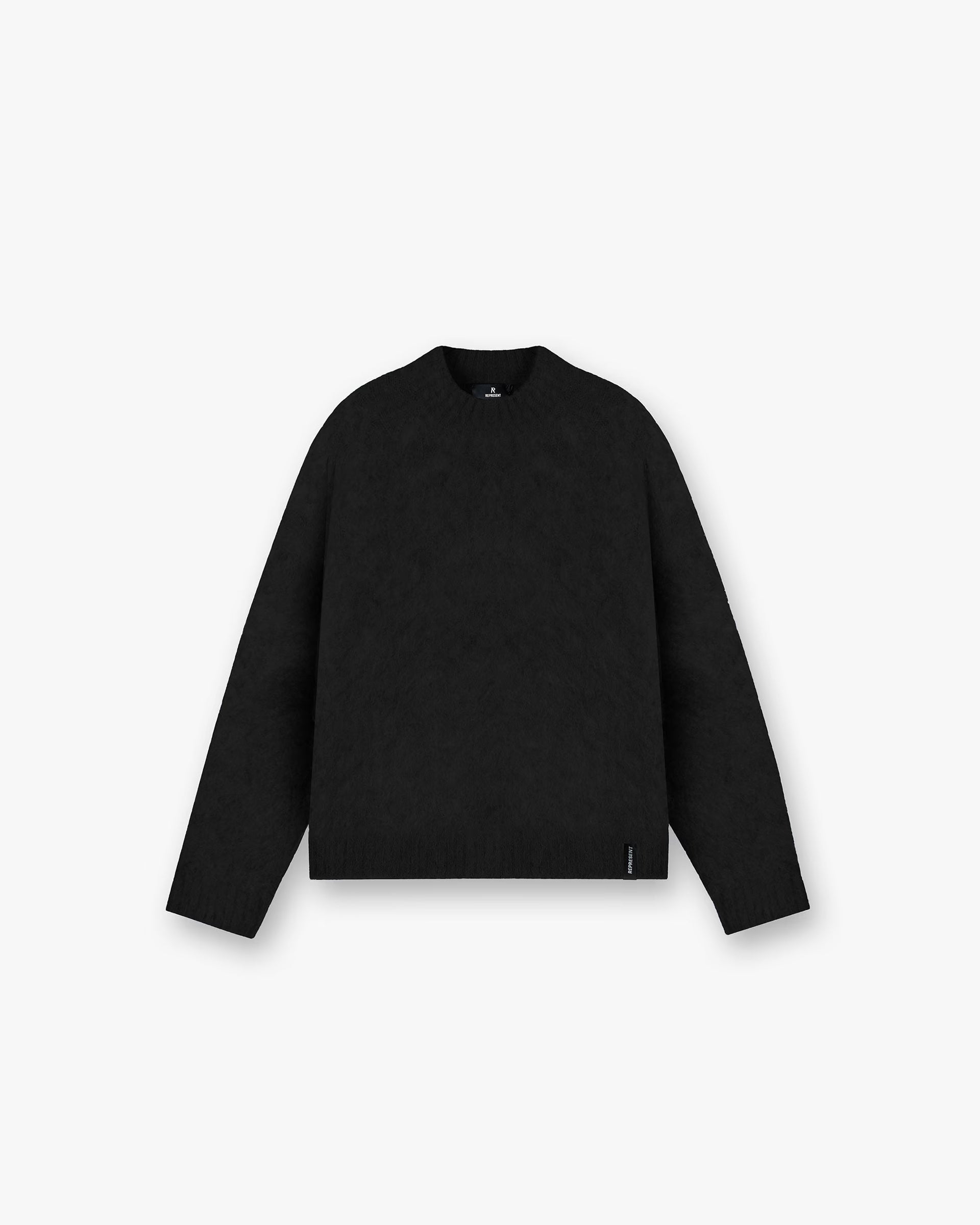 Front product image of a mens black sweater on a plain white background | Alpaca Blend Sweater in Jet Black | Soft alpaca blend knitwear | FW24 Knitwear | Represent Clo