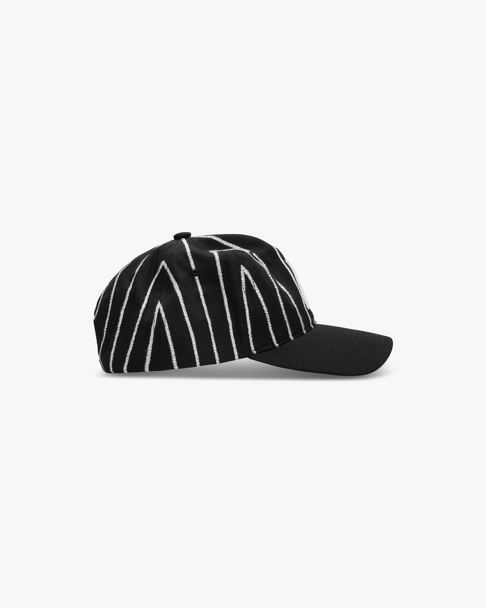 Back product image of a mens black cap on a plain white background | Initial Stripe Cap in Jet Black | Black cap with contrast stripe embroidery and adjustable snapback | SS25 Accessories | Represent Clo