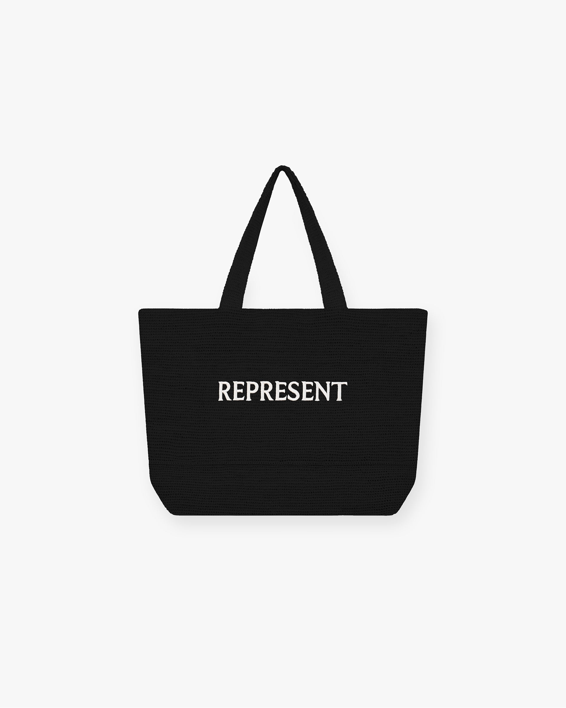 Front product image of a mens black tote bag on a plain white background | Raffia Tote Bag in Jet Black | Raffia tote bag with spacious interior | FW24 Accessories | Represent Clo