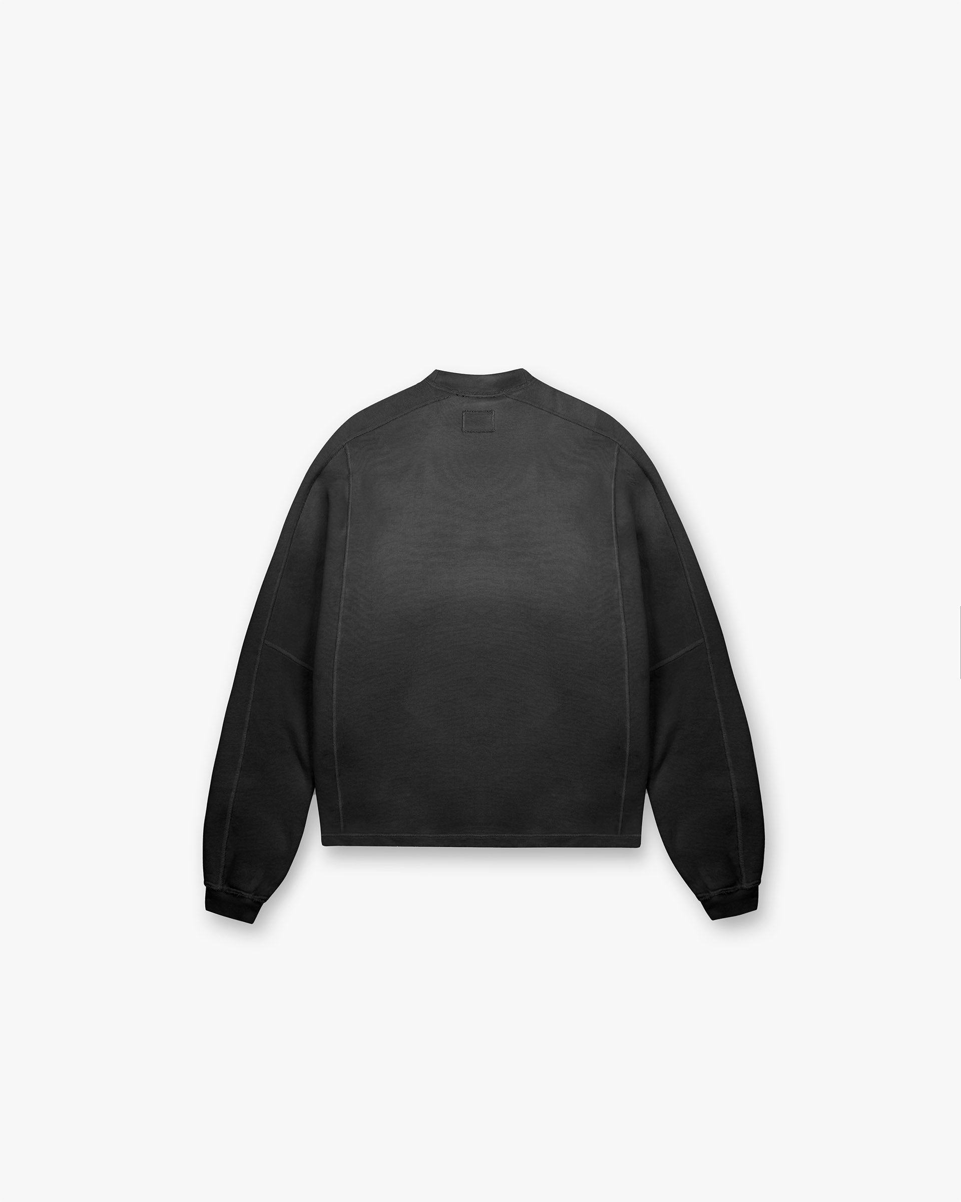 Back product image of a mens black sweatshirt on a plain white background | Stepped Hem Sweatshirt in Stained Black | Oversized fit sweater with fade out wash and stepped hem | FW24 Sweaters | Represent Clo