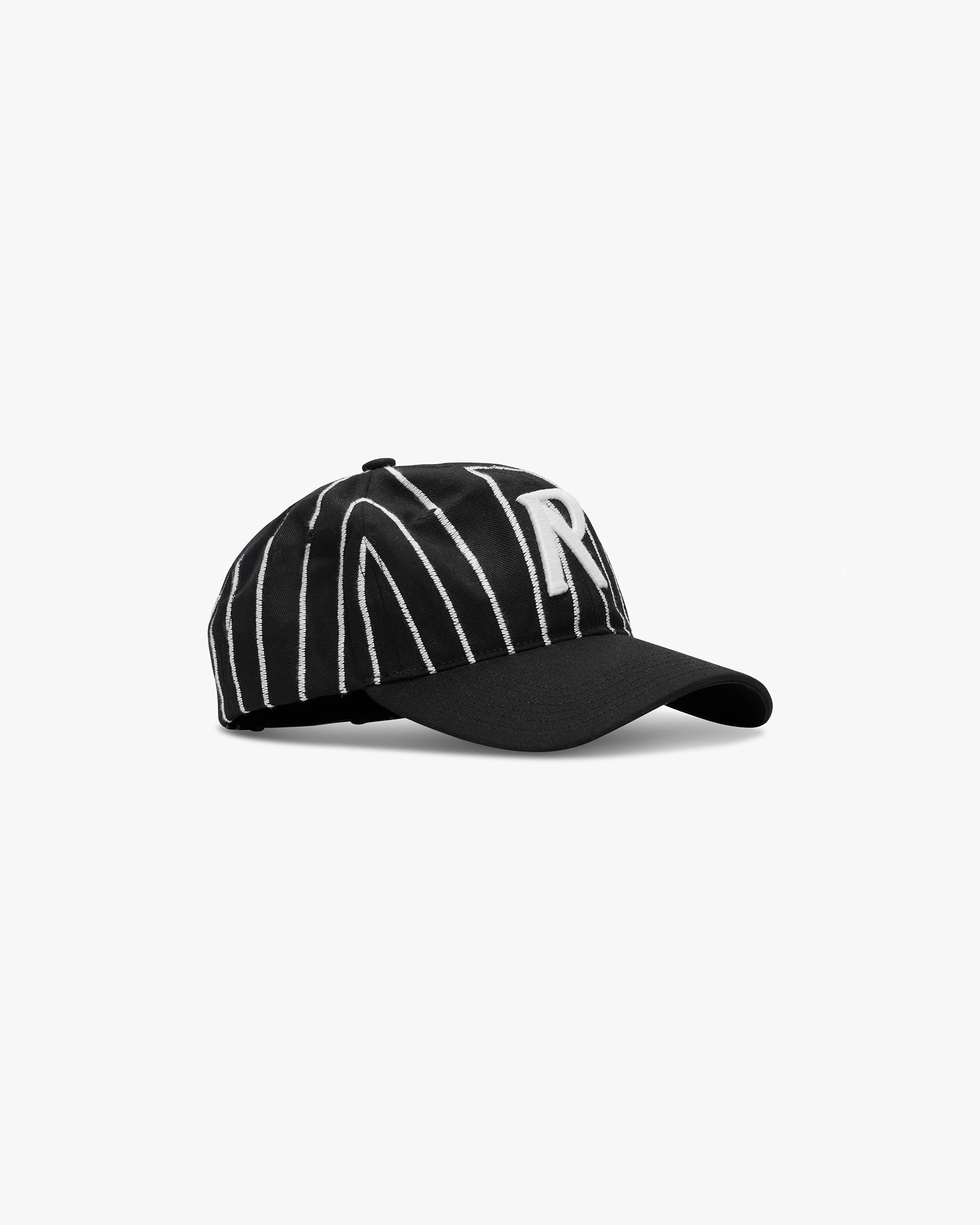 Front product image of a men's black cap on a plain white background | Initial Stripe Cap in Jet Black | Viscose blend cap | SS25 Accessories | Represent Clo
