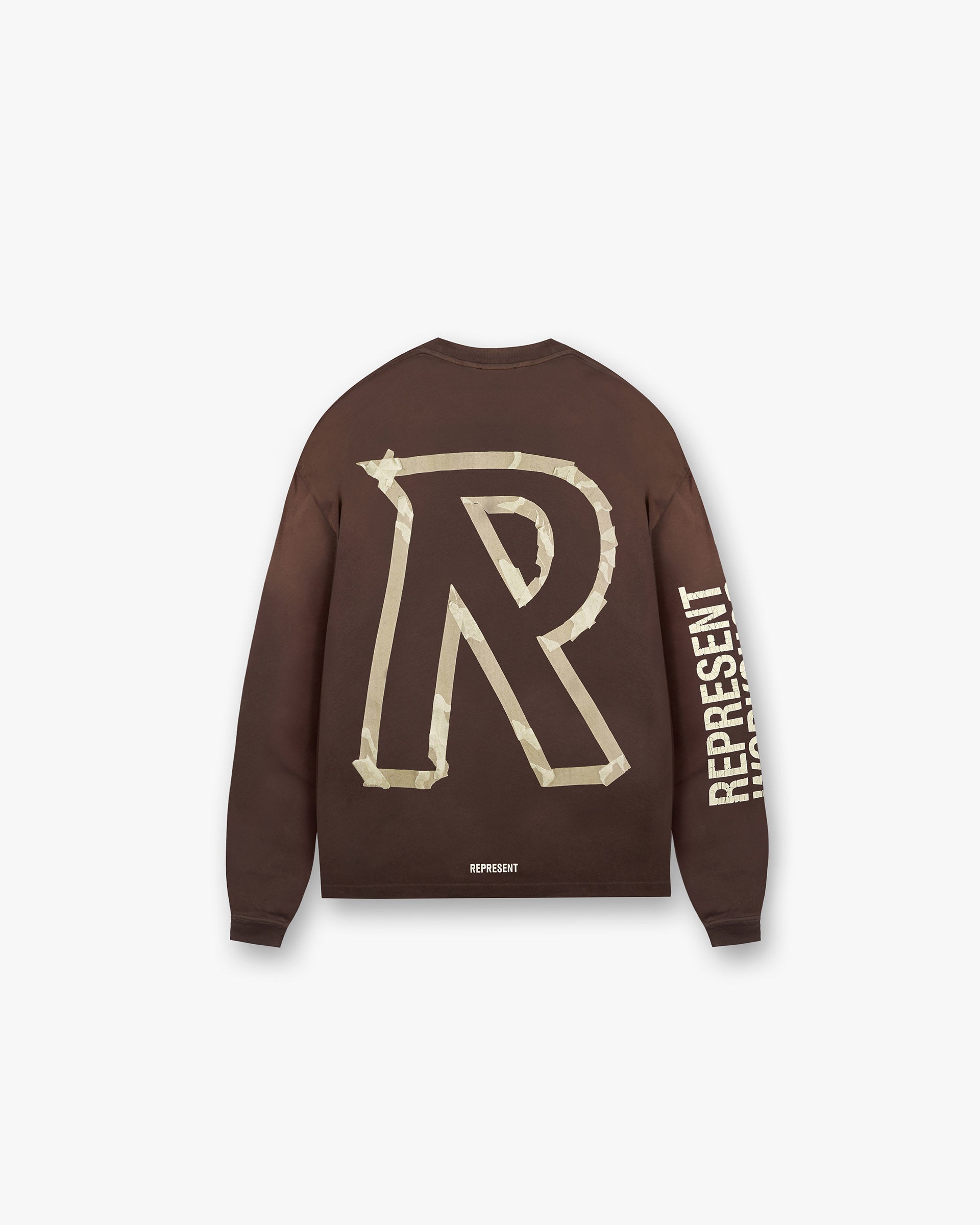 Back product image of a mens cedar long sleeve t-shirt on a plain white background | Masking Tape Initial Long Sleeve T-Shirt in Cedar | T-shirt with 3D masking tape effect and cracked print | FW24 T-Shirts | Represent Clo