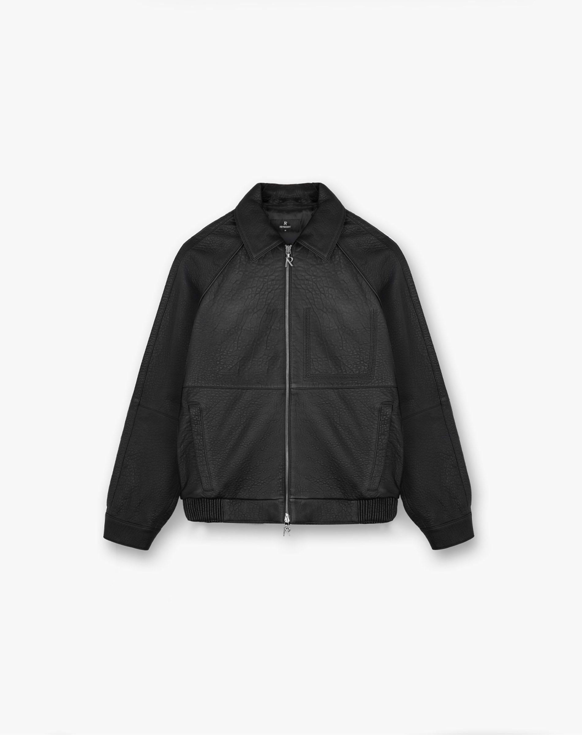Front product image of a mens black leather jacket on a plain white background | Overdrive Leather Jacket in Black | Leather jacket with structured shoulders and zip detailing | SS25 Outerwear | Represent Clo