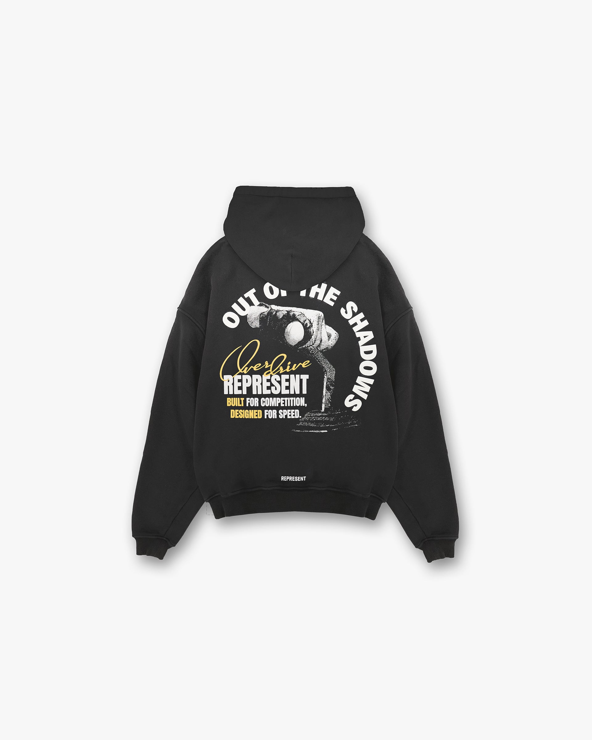 Back product image of a mens black hoodie on a plain white background | Out Of The Shadows Hoodie in Stained Black | Boxy fit heavyweight cotton hoodie | SS25 Hoodies | Represent Clo
