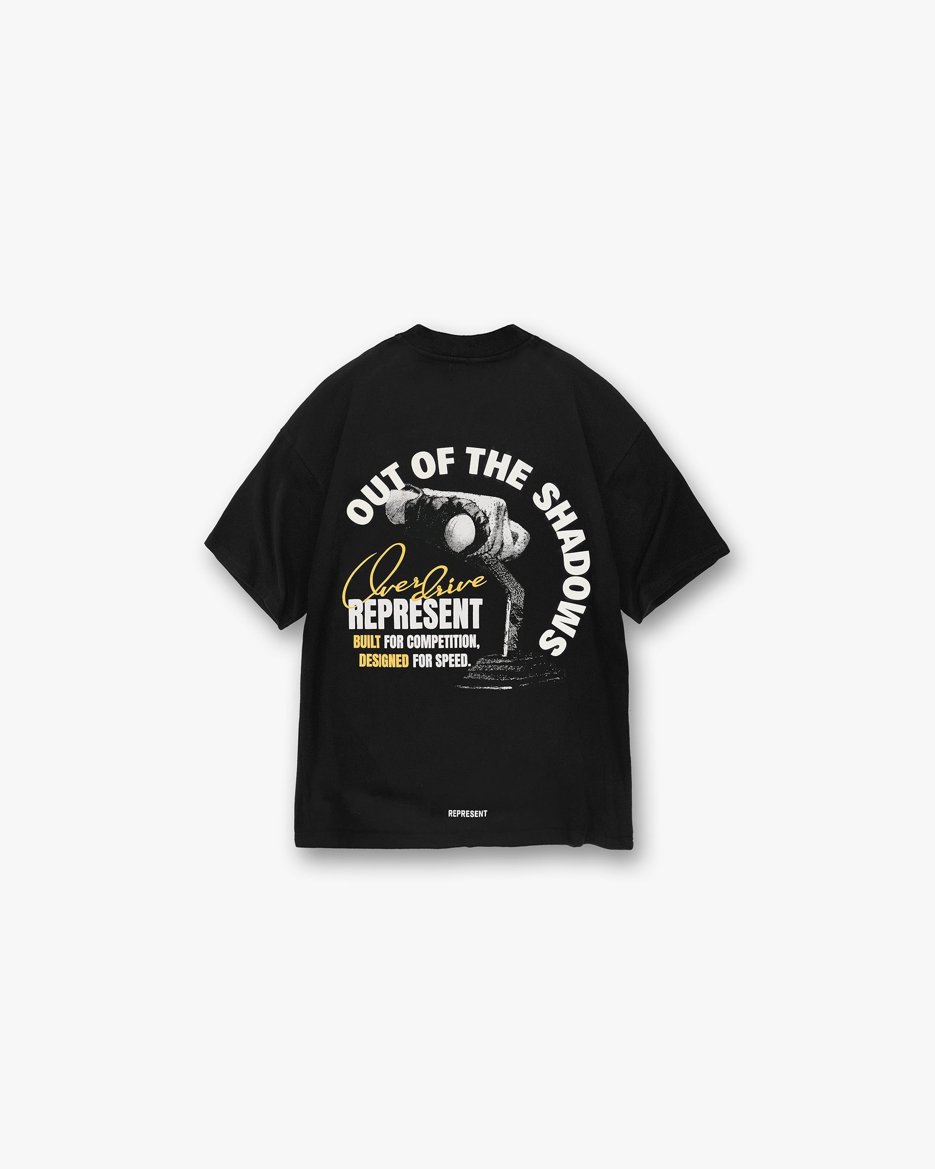 Back product image of a mens black t-shirt on a plain white background | Out Of The Shadows T-Shirt in Stained Black | Boxy fit t-shirt with out of the shadows graphic | SS25 T-Shirts | Represent Clo