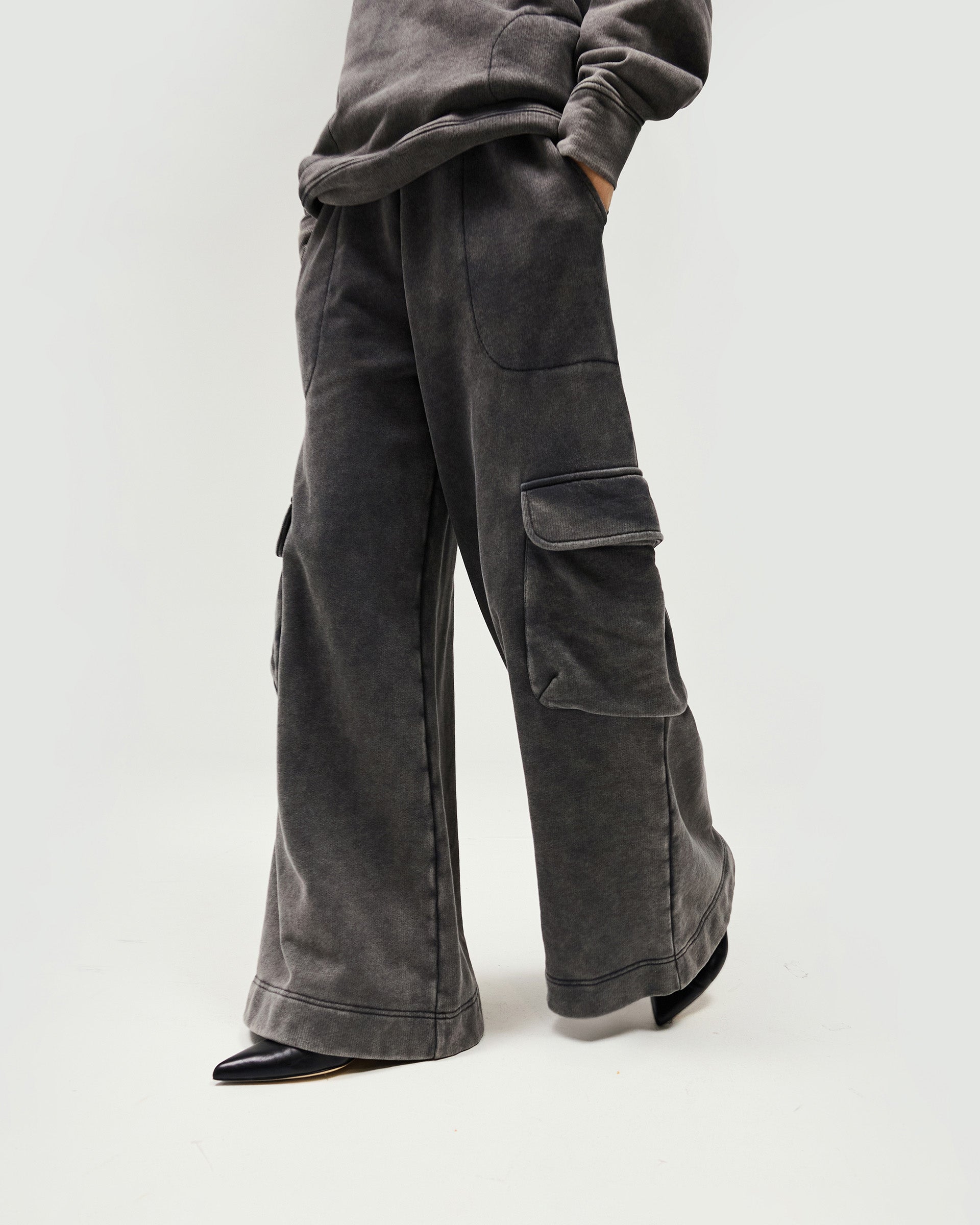 Back product image of womens grey sweatpants on a plain white background | Monster Sweatpant in Charcoal | Sweatpants with wide leg and oversized utility pockets | Womens SS25 Bottoms | Represent Clo