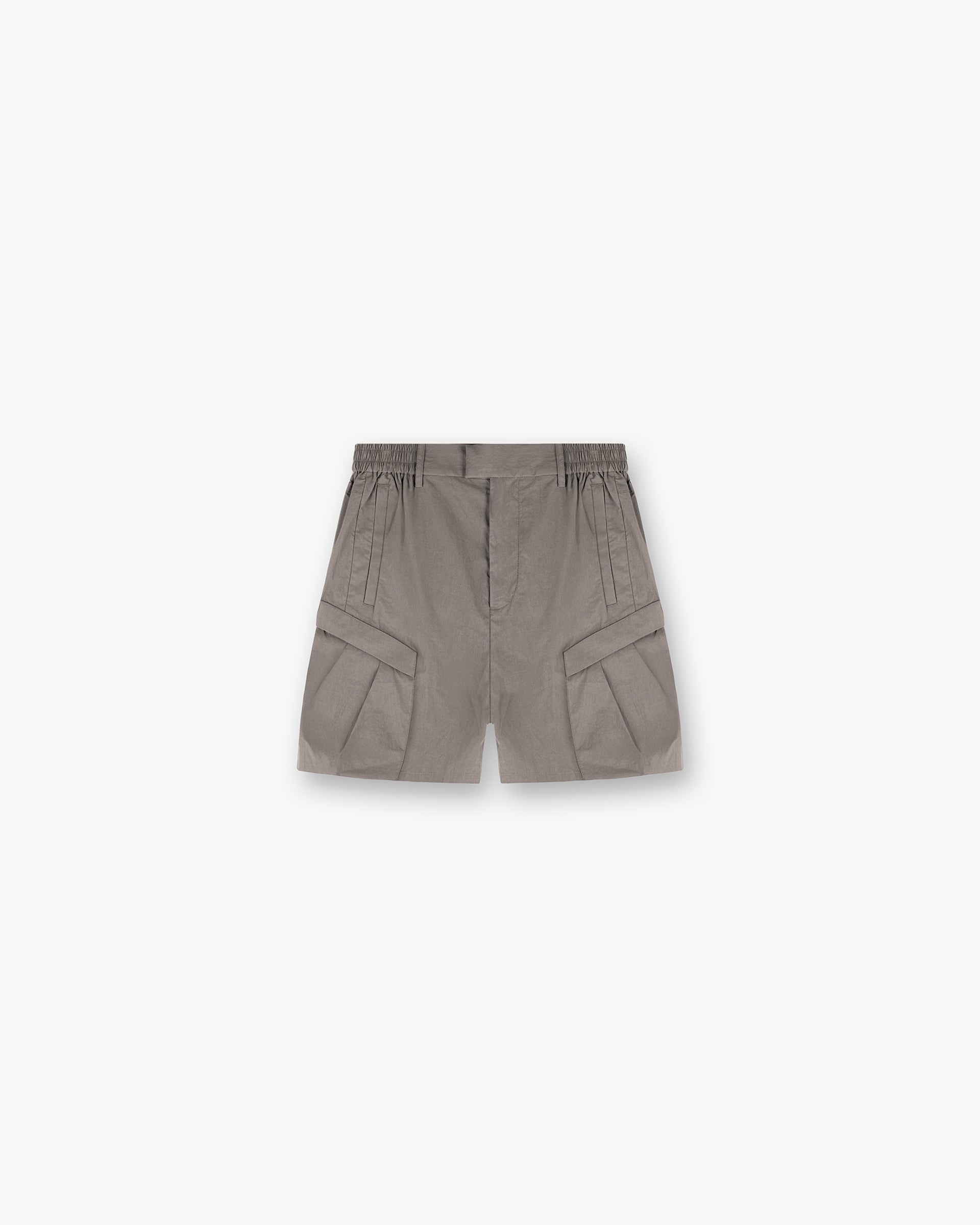 Front product image of mens grey shorts on a plain white background | Tech Cargo Short in Mid Grey | Cargo shorts with adjustable hem and zip pockets | SS25 Shorts | Represent Clo
