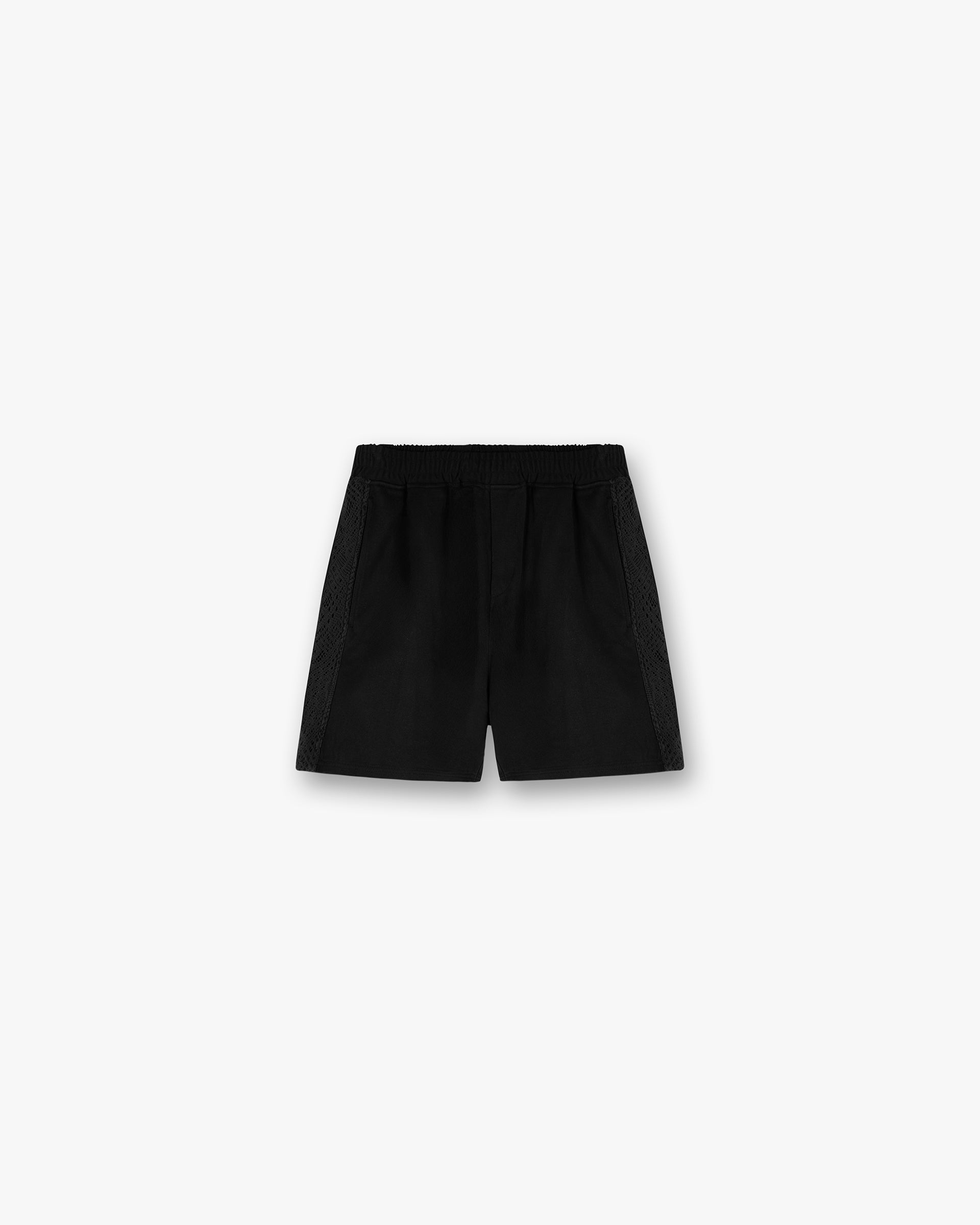 Front product image of mens black knitted shorts on a plain white background | Knitted Panel Short in Black | Jersey shorts | SS25 Shorts | Represent Clo