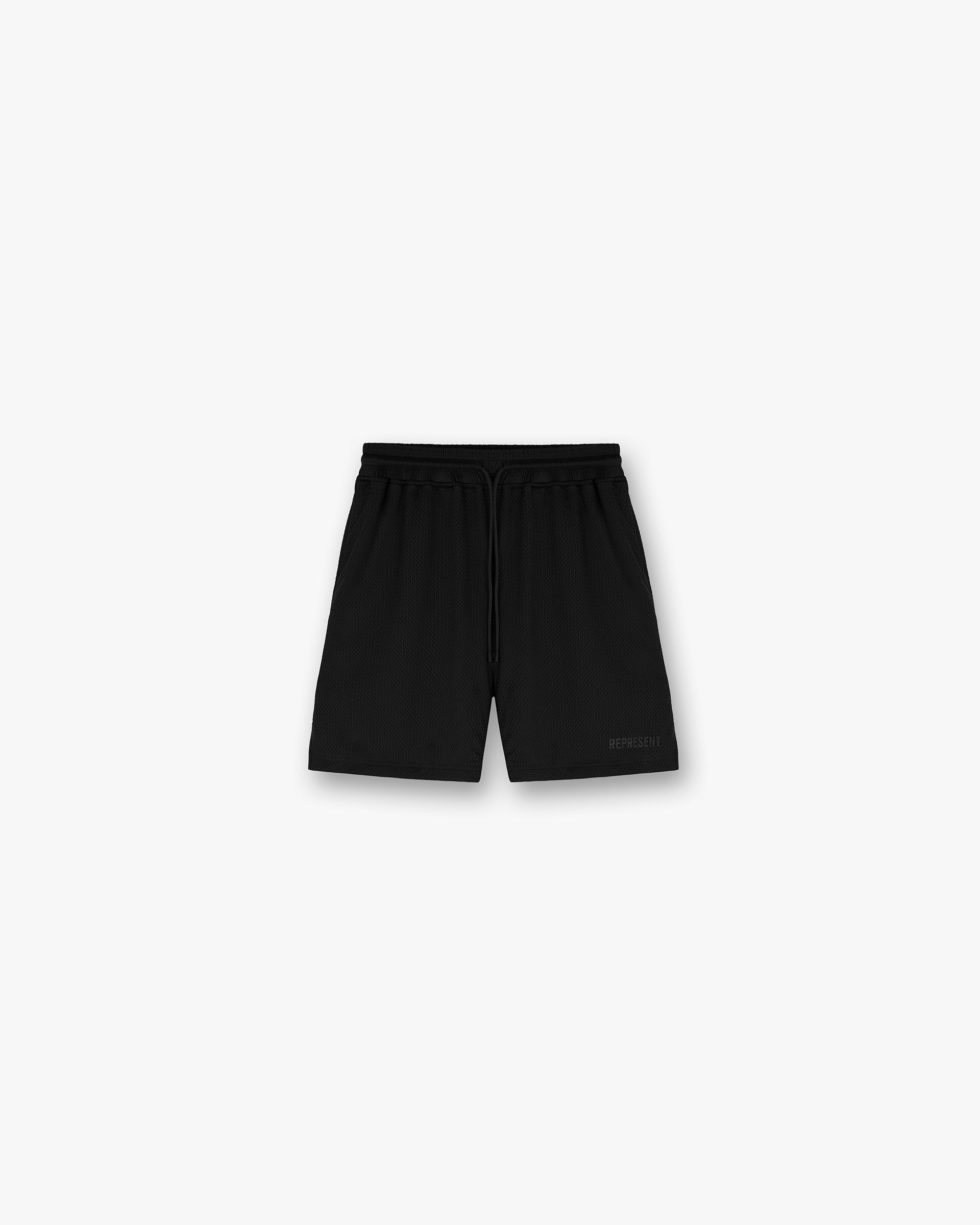 Front product image of mens black shorts on a plain white background | Mesh Short in Jet Black | Polyester athletic shorts | SS25 Shorts | Represent Clo