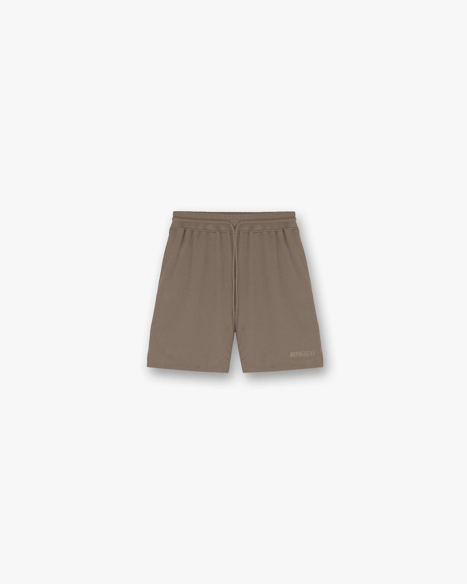 Front product image of mens stone shorts on a plain white background | Mesh Short in Stone | Shorts with brushed twill fabric and cargo pockets | SS25 Shorts | Represent Clo