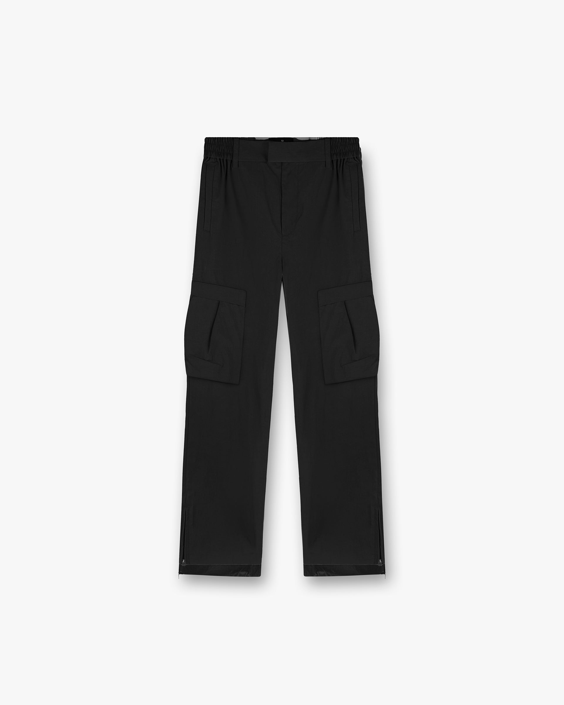 Front product image of mens black cargo pants on a plain white background | Tech Cargo Pant in Jet Black | Cotton cargo pants with multiple pockets | SS25 Pants | Represent Clo
