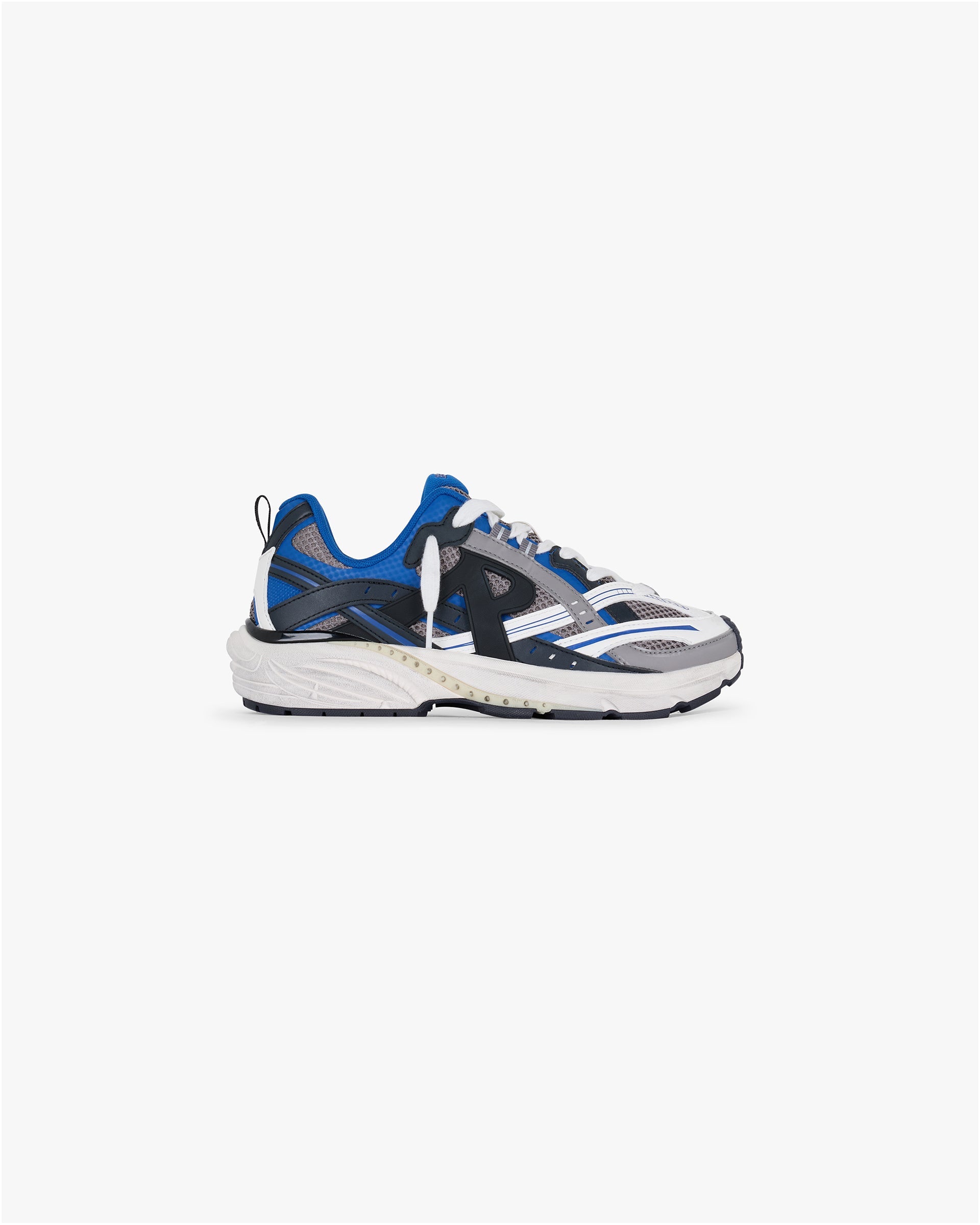 Front product image of a mens royal blue footwear on a plain white background | Storm Runner in Royal Blue Grey | Sleek low-top sneakers | SS25 Footwear | Represent Clo
