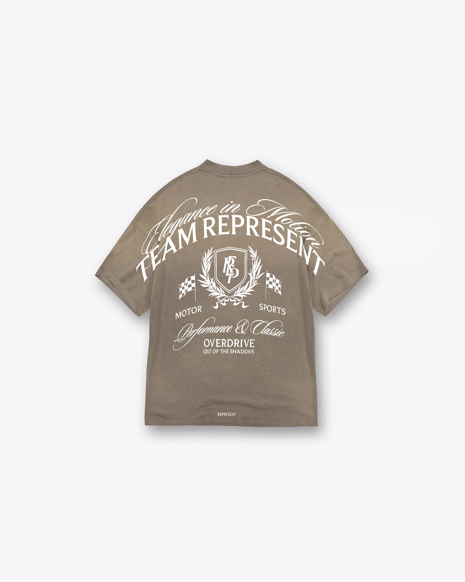 Back product image of a mens brown t-shirt on a plain white background | Crest T-Shirt in Dark Taupe | Graphic t-shirt with puff print and fade-out wash | SS25 T-Shirts | Represent Clo