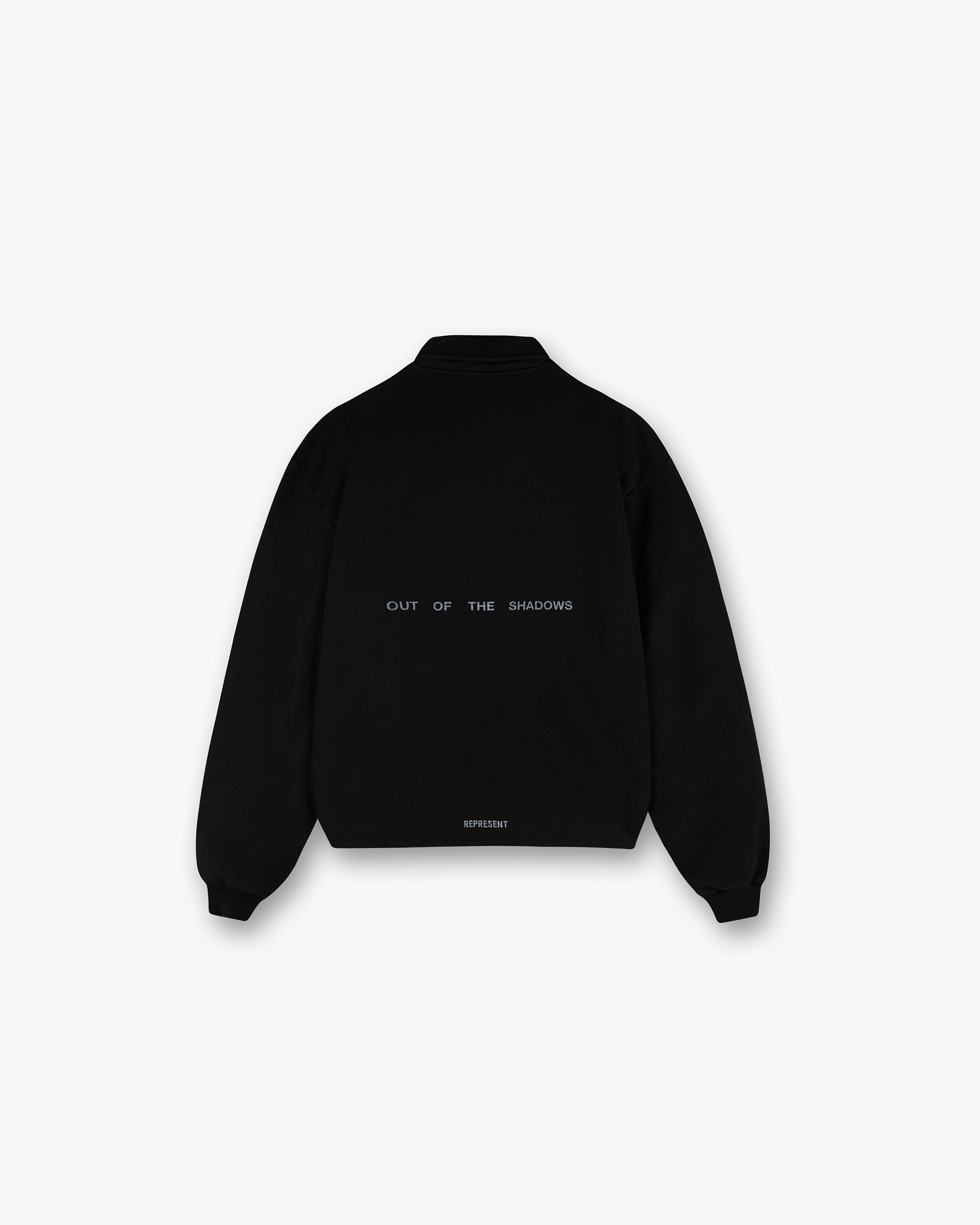 Back product image of a mens black quarter zip sweater on a plain white background | Team Rep Quarter Zip in Jet Black | Oversized sweater with vintage graphics | SS25 Sweaters | Represent Clo