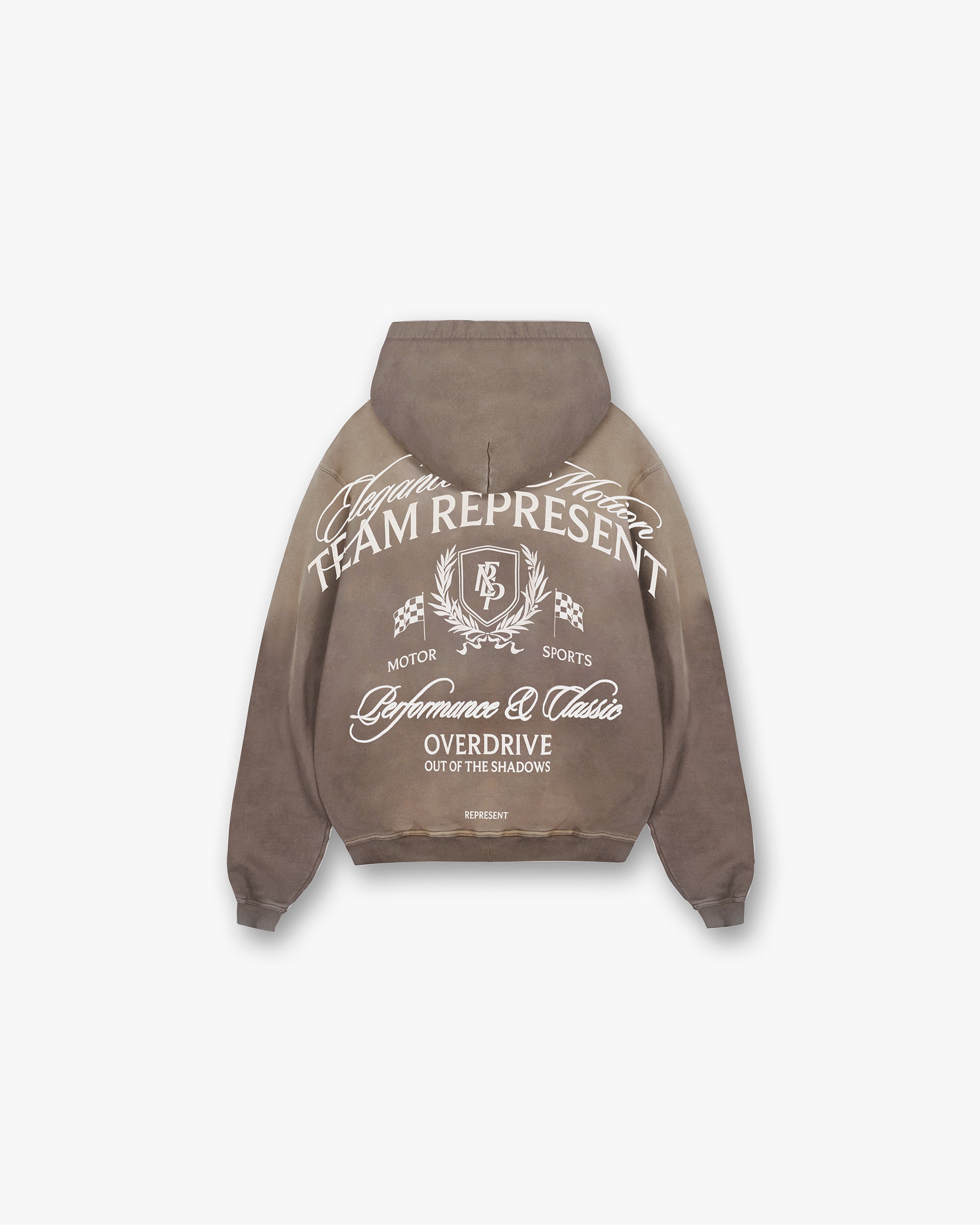 Back product image of a mens khaki hoodie on a plain white background | Crest Zip Up Hoodie in Dark Taupe | Heavyweight jersey cotton hoodie | SS25 Hoodies | Represent Clo