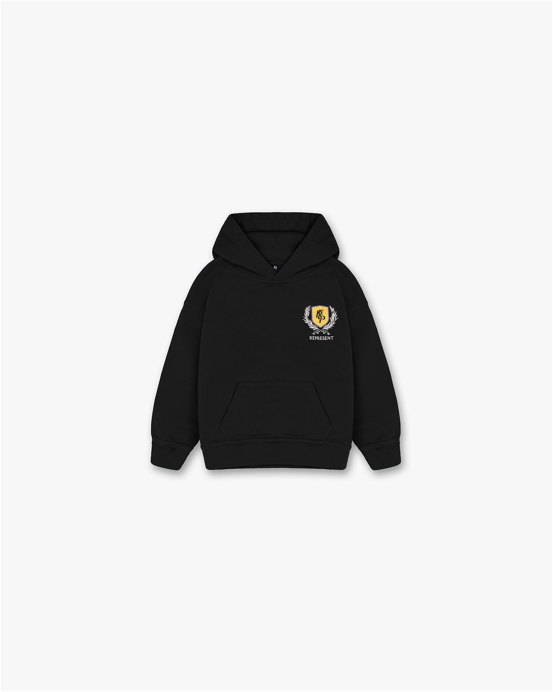 Front product image of a mens black hoodie on a plain white background | Mini Crest Hoodie in Vintage Black | Hoodie with mini crest detail | SS25 Hoodies | Represent Clo