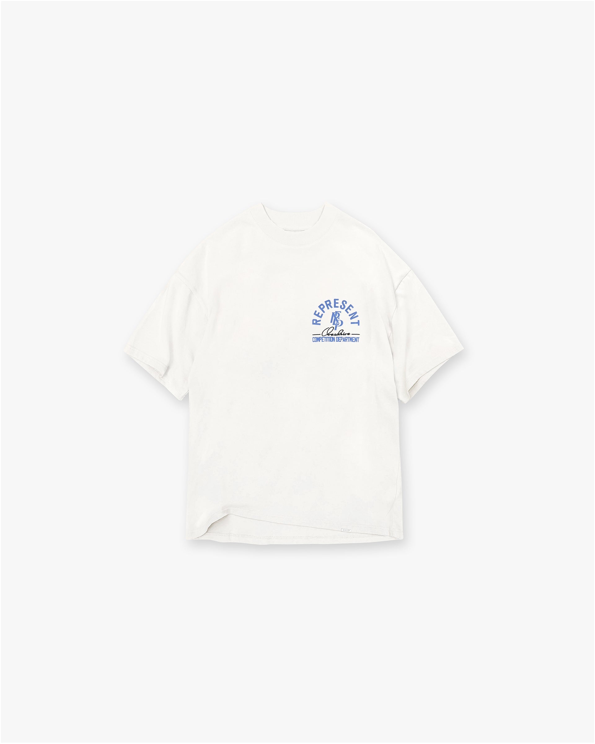 Front product image of a mens white graphic t-shirt on a plain white background | Competition Department T-Shirt in Flat White | Oversized fit with crest and puff print graphics | SS25 T-Shirts | Represent Clo