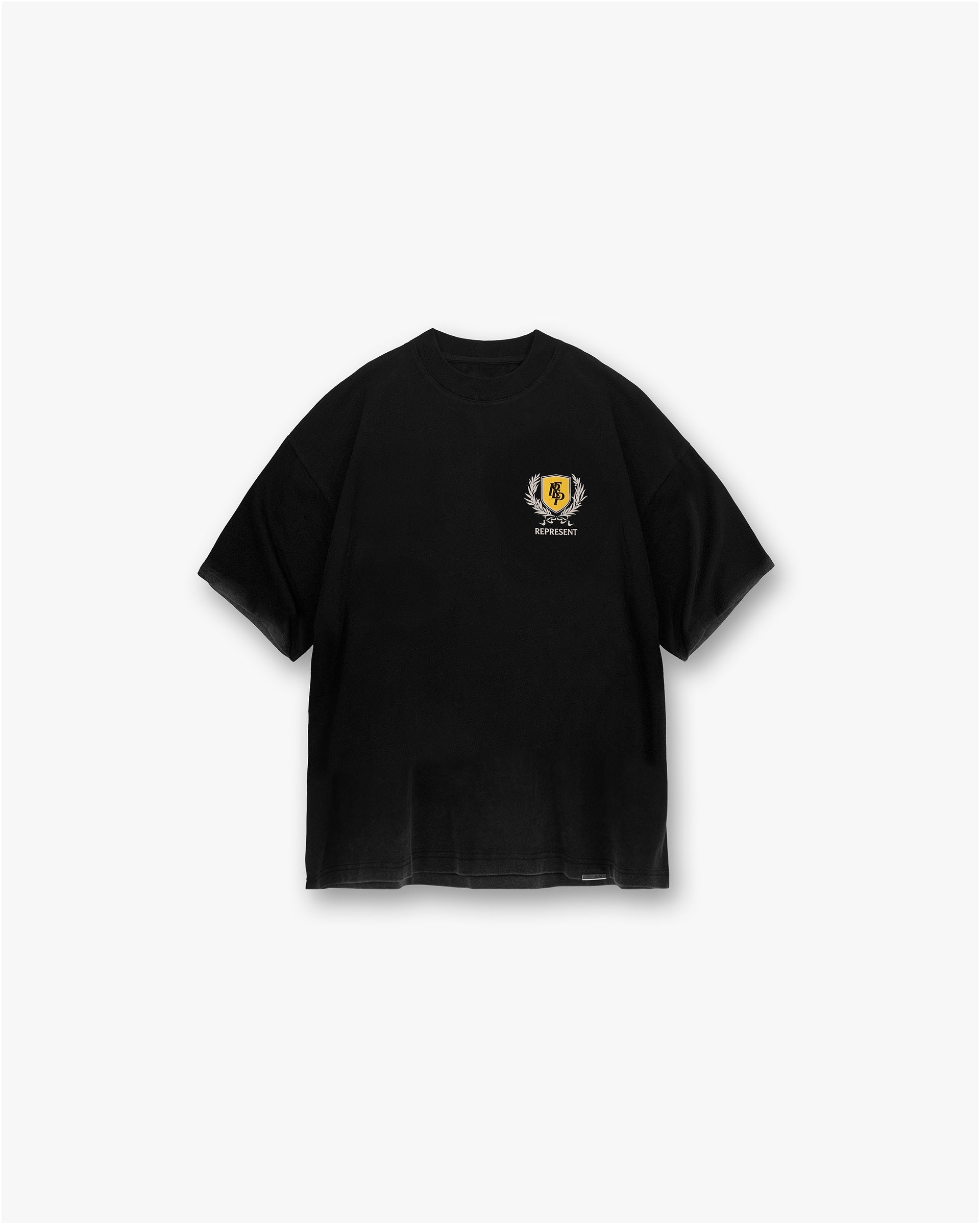 Front product image of a mens black t-shirt on a plain white background | Crest T-Shirt in Vintage Black | T-shirt with Out Of The Shadows graphic and fade-out wash | SS25 T-Shirts | Represent Clo