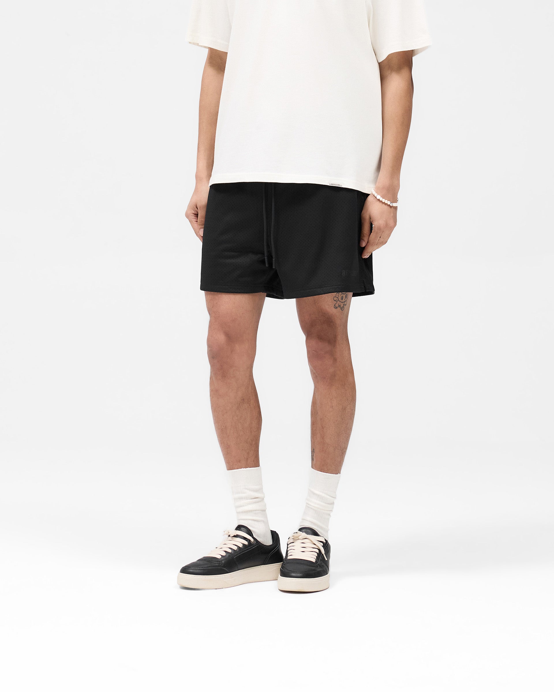 Back product image of mens black shorts on a plain white background | Mesh Short in Jet Black | Double lined mesh shorts with side split hem | SS25 Shorts | Represent Clo