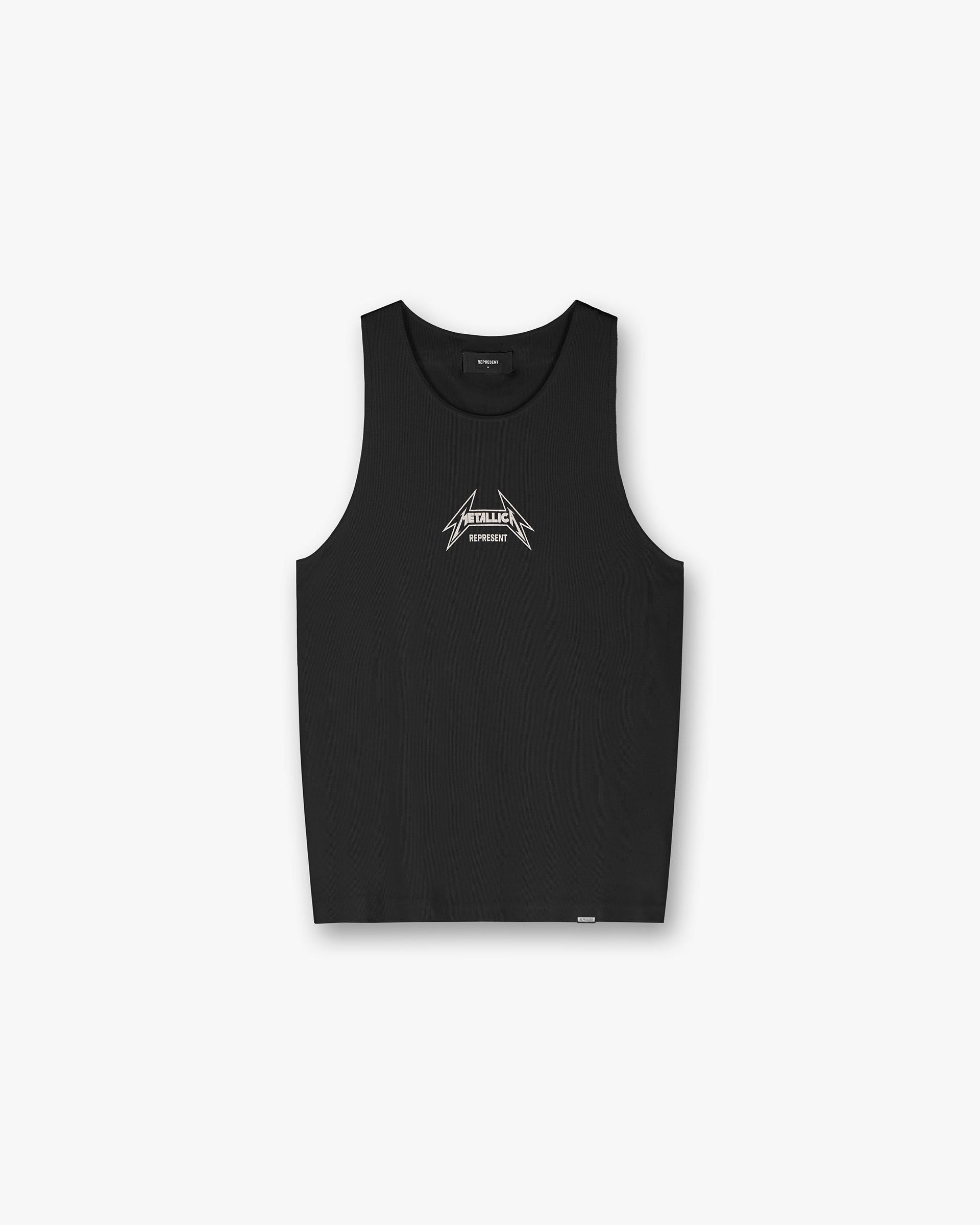 Front product image of a mens black vest on a plain white background | Represent X Metallica Local Crew Vest in Jet Black | Crew vest with bandana style cracked print | SS24 T-Shirts | Represent Clo