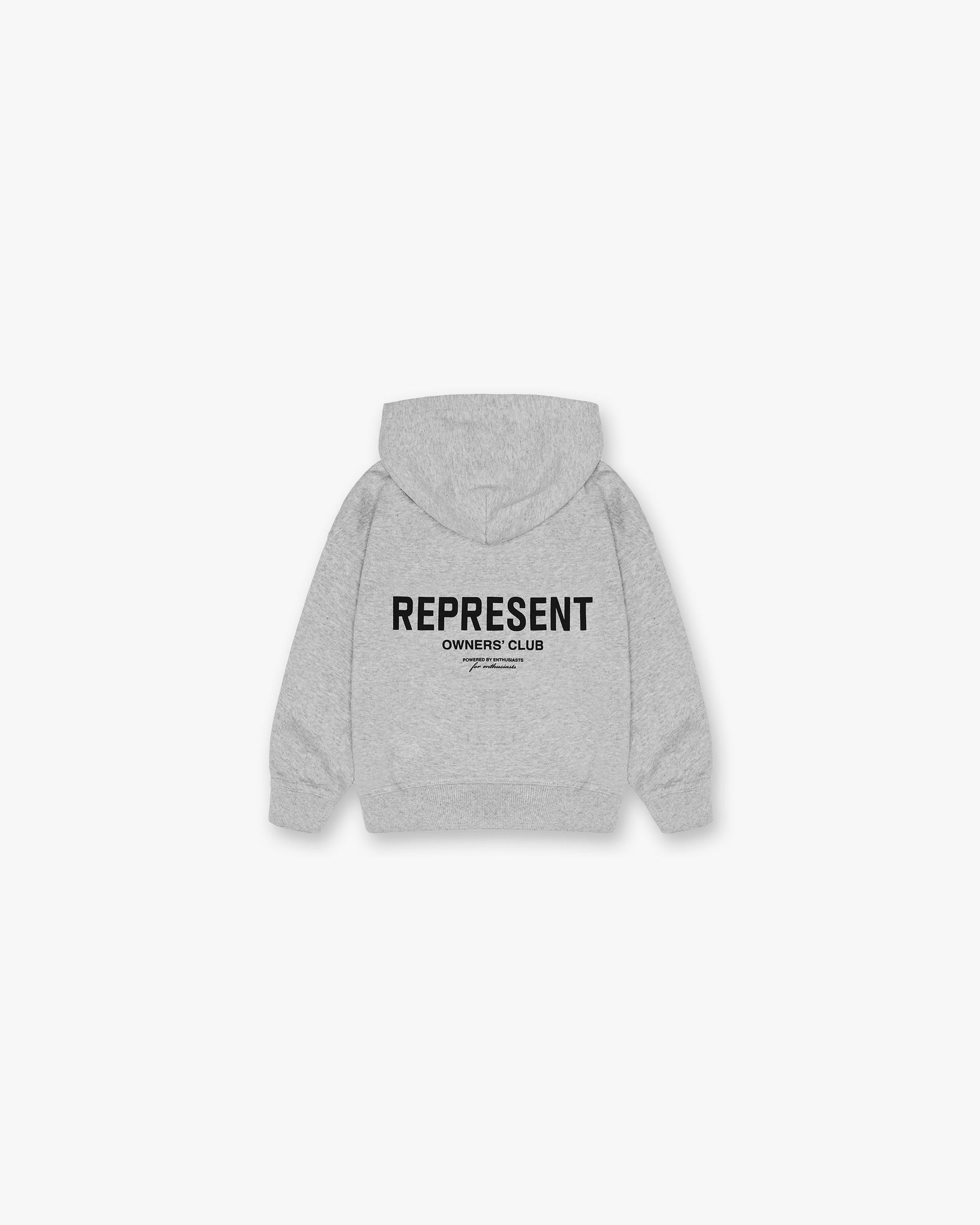 Front product image of a children's grey hoodie on a plain white background | Represent Mini Owners Club Hoodie in Ash Grey | Oversized kids hoodie with screen printed graphic | Owners Club Hoodies | Represent Clo