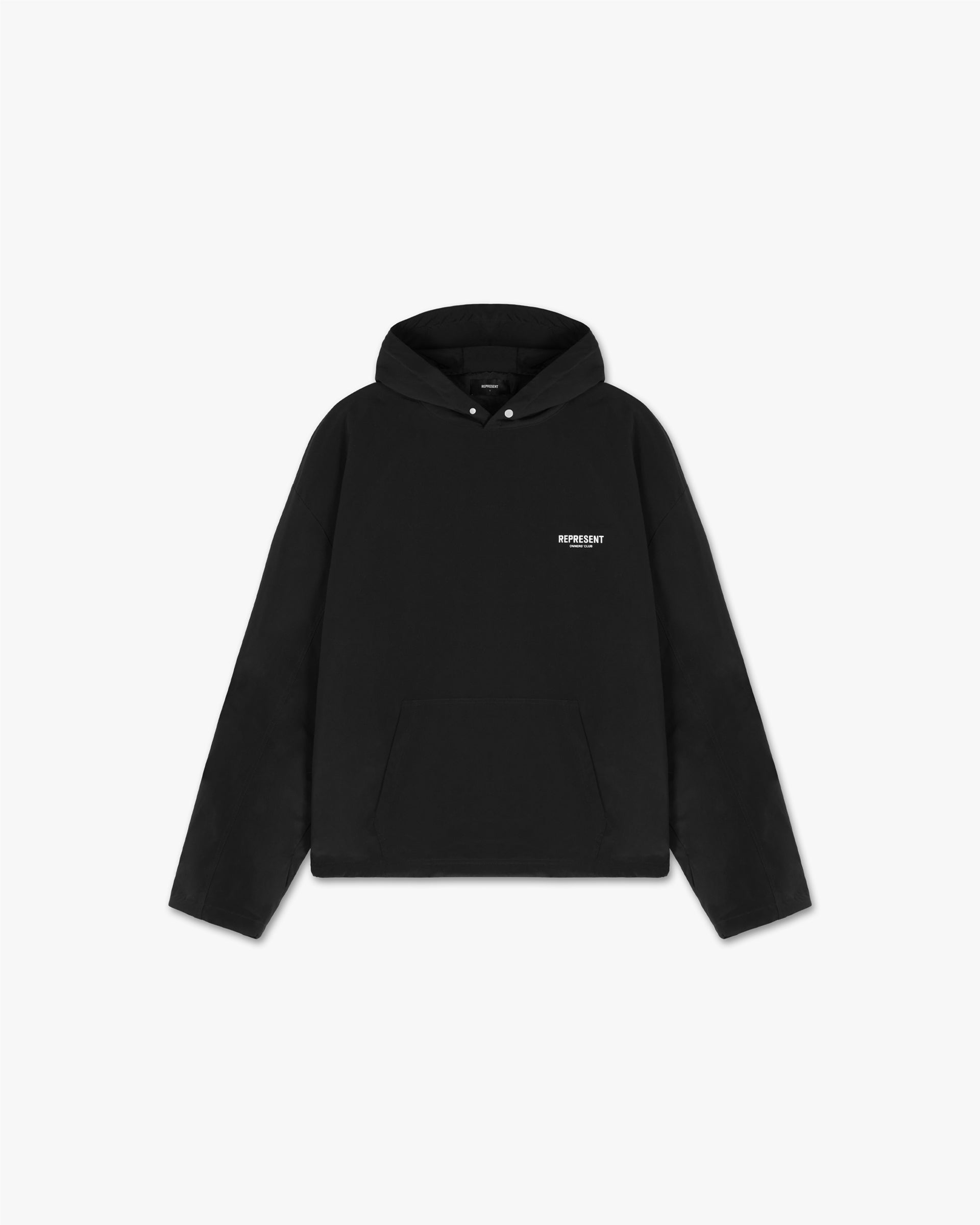 Front product image of a mens black pullover jacket on a plain white background | Owners Club Nylon Pullover Jacket in Black | Nylon outerwear with Represent metal bar logo | Owners Club Outerwear | Represent Clo