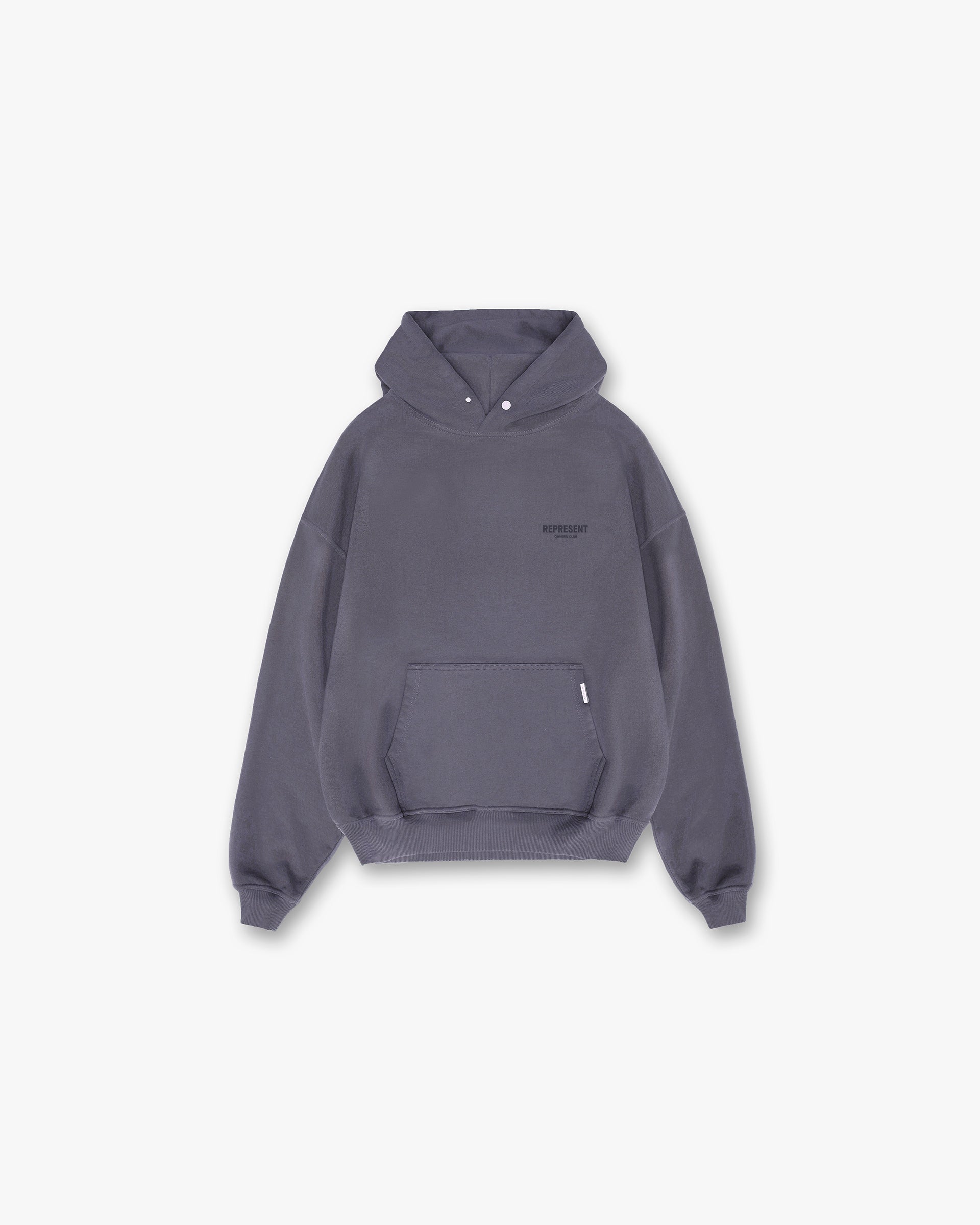Back product image of a mens grey hoodie on a plain white background | Represent Owners Club Hoodie in Storm | Heavy weight jersey cotton hoodie with high build branding | Owners Club Hoodies | Represent Clo