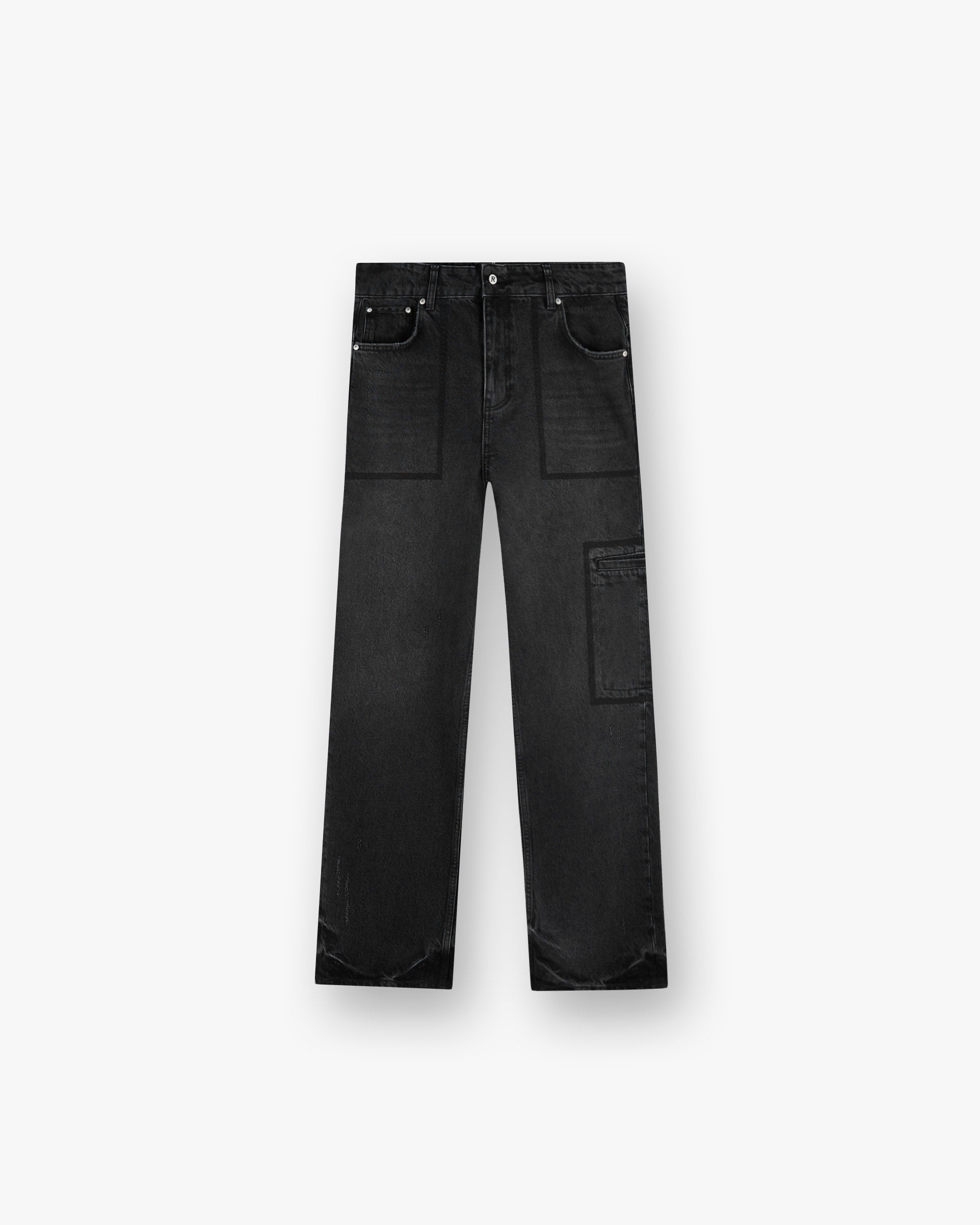 Front product image of mens black denim jeans on a plain white background | R3 Drive Denim in Jet Black | Slim fit denim jeans | SS25 Denim | Represent Clo