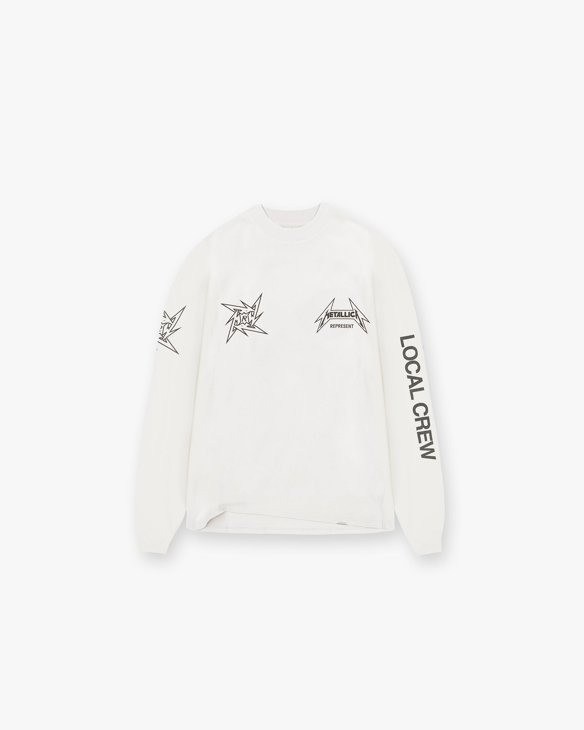 Front product image of a mens white long sleeve t-shirt on a plain white background | Represent X Metallica Local Crew Long Sleeve T-Shirt in Flat White | Long sleeve graphic t-shirt | SS24 T-Shirts | Represent Clo