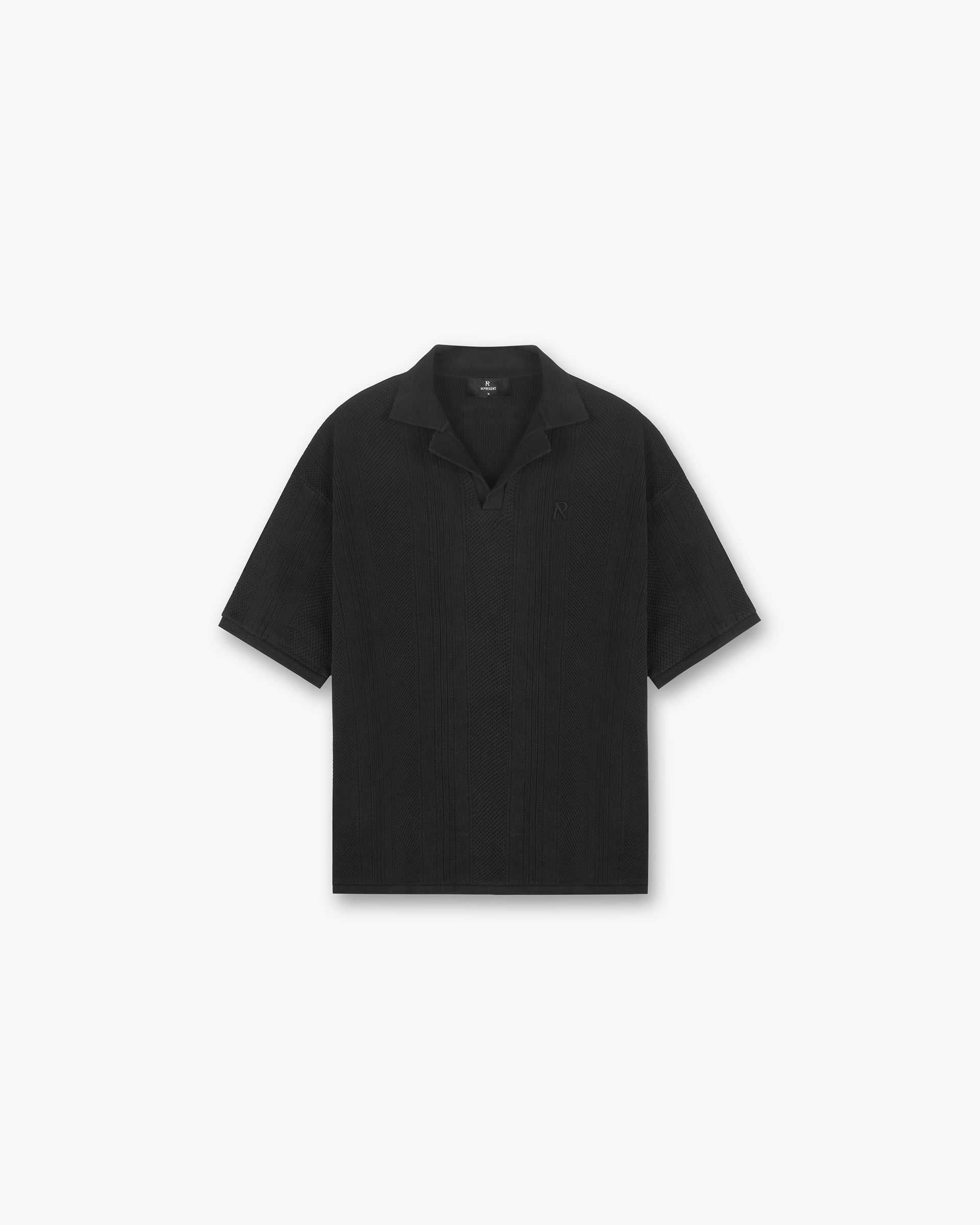 Front product image of a mens black polo shirt on a plain white background | Open Stitch Polo in Black | Polo shirt with open stitch detailing | SS24 T-Shirts | Represent Clo
