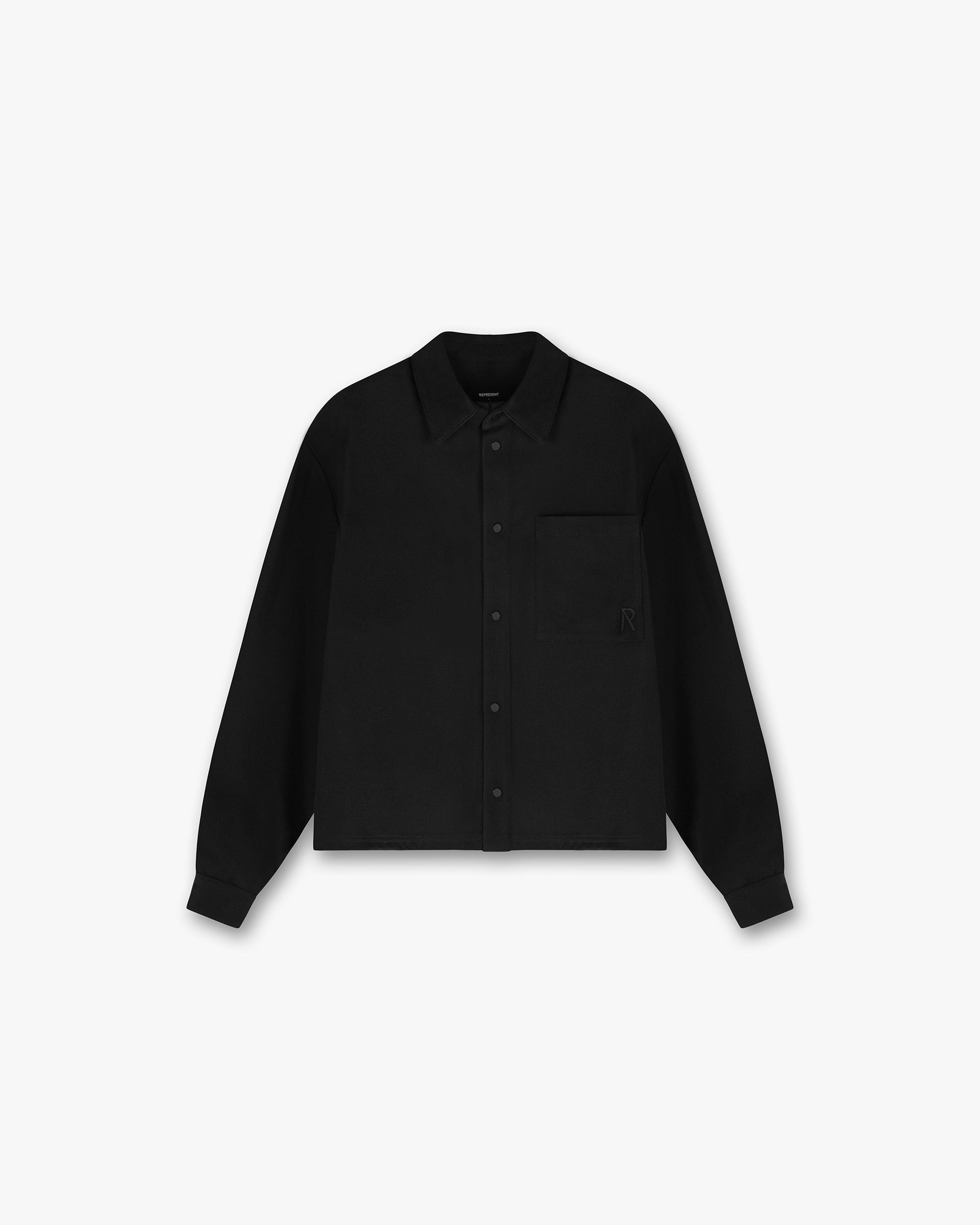 Front product image of a mens black cropped dress shirt on a plain white background | Initial Cropped Dress Shirt in Black | Cropped dress shirt | SS24 Shirts | Represent Clo