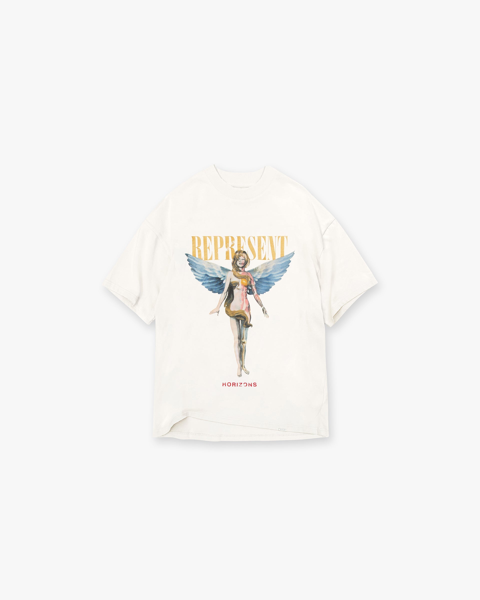 Front product image of a mens white t-shirt on a plain white background | Reborn T-Shirt in Flat White | Classic fit t-shirt | SS24 T-Shirts | Represent Clo