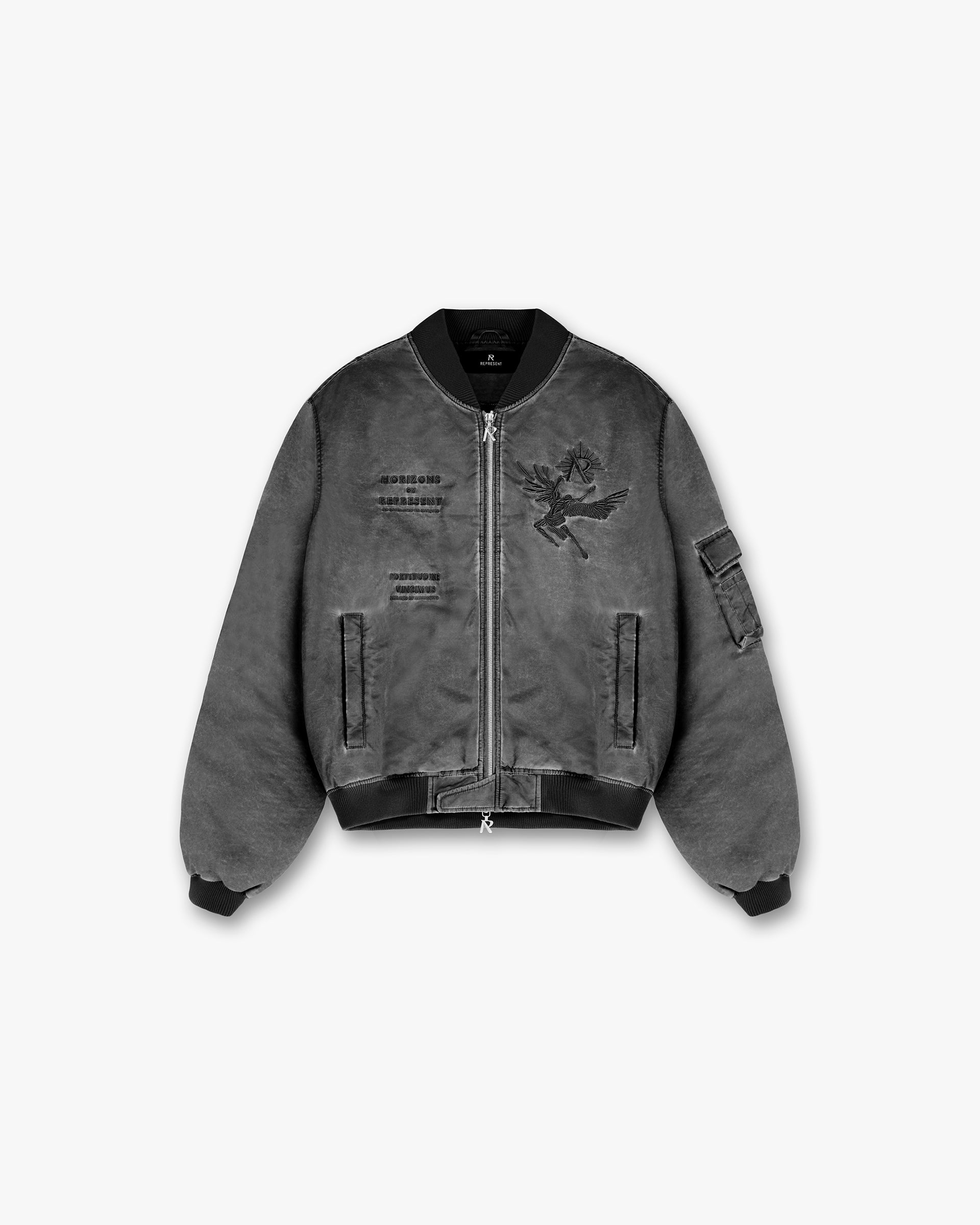 Front product image of a mens black bomber jacket on a plain white background | Icarus Flight Bomber in Jet Black | Bomber jacket with structured design | SS24 Outerwear | Represent Clo
